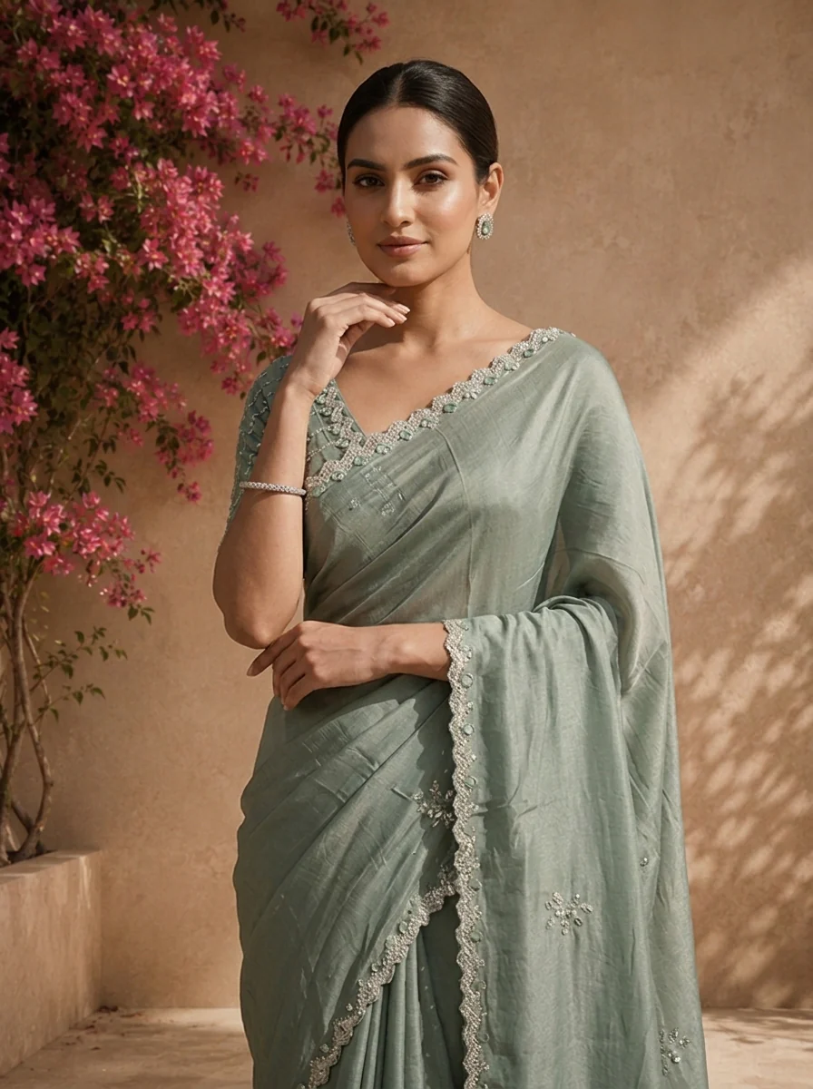 Olive Organza Scattered Stone Embroidered Saree With Scallop Border - Image 3