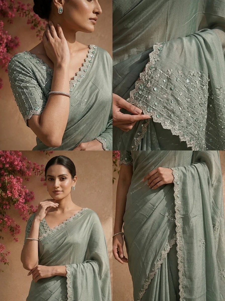 Olive Organza Scattered Stone Embroidered Saree With Scallop Border - Image 4