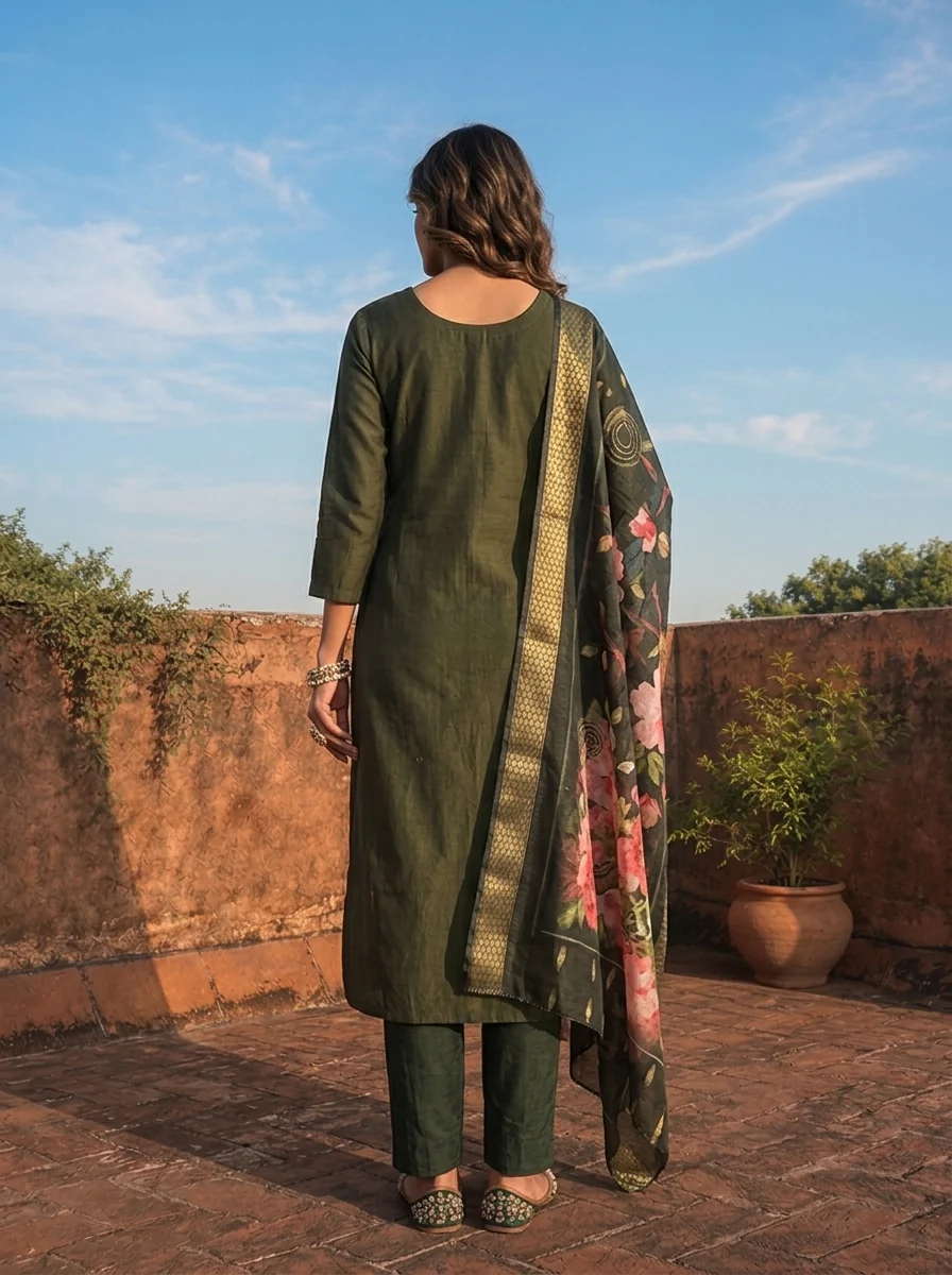 Olive Rayon Floral Embroidered Three Piece Set - Image 2