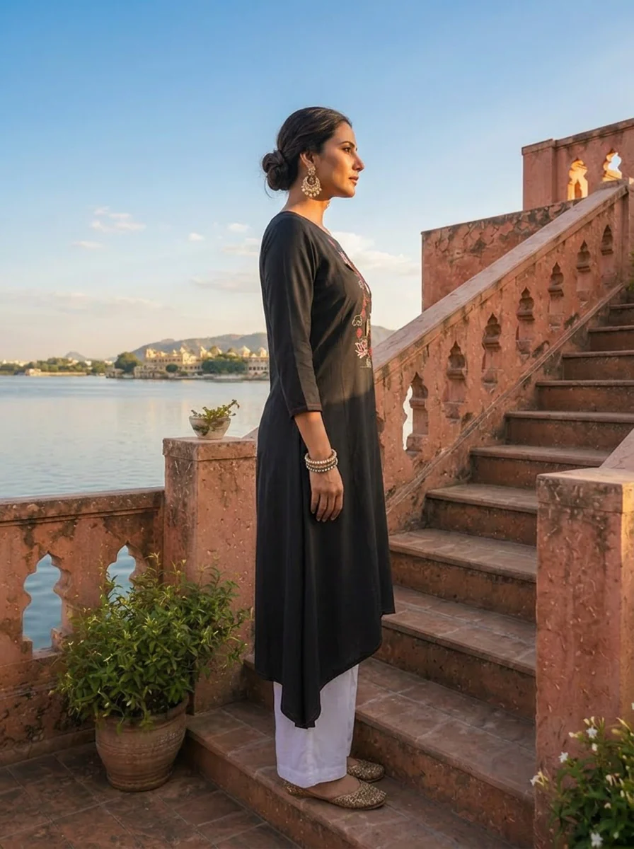 Olive Rayon Lotus Embroidered Asymmetric Kurta - Image 3