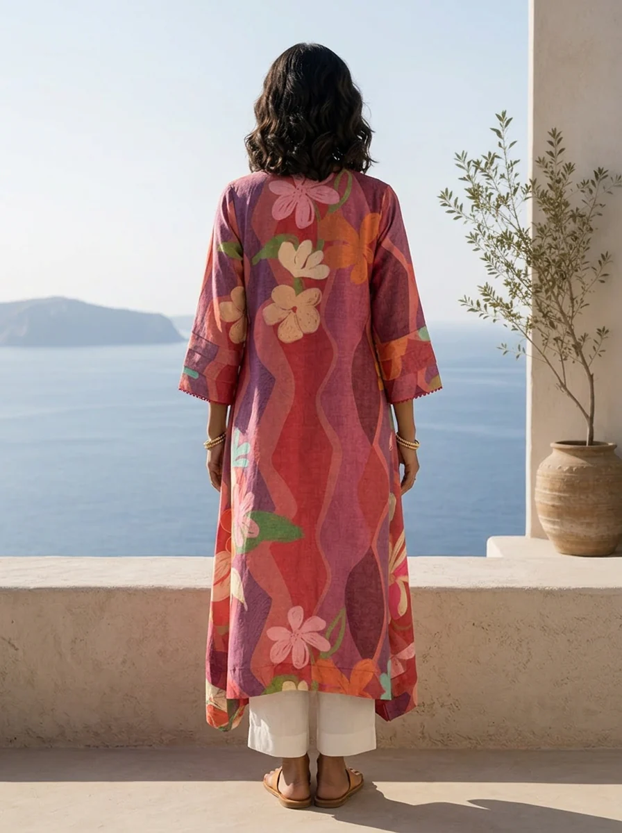 Onion And Red Abstract And Floral Printed Rayon Kurta - Image 3