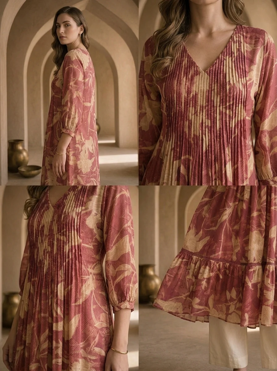 Onion Muslin Pleated Design Kurta - Image 5