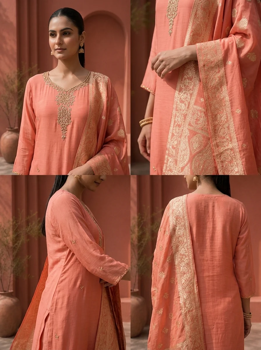 Onion Muslin Zardozi Stone Embroidered Three Piece Set - Image 5