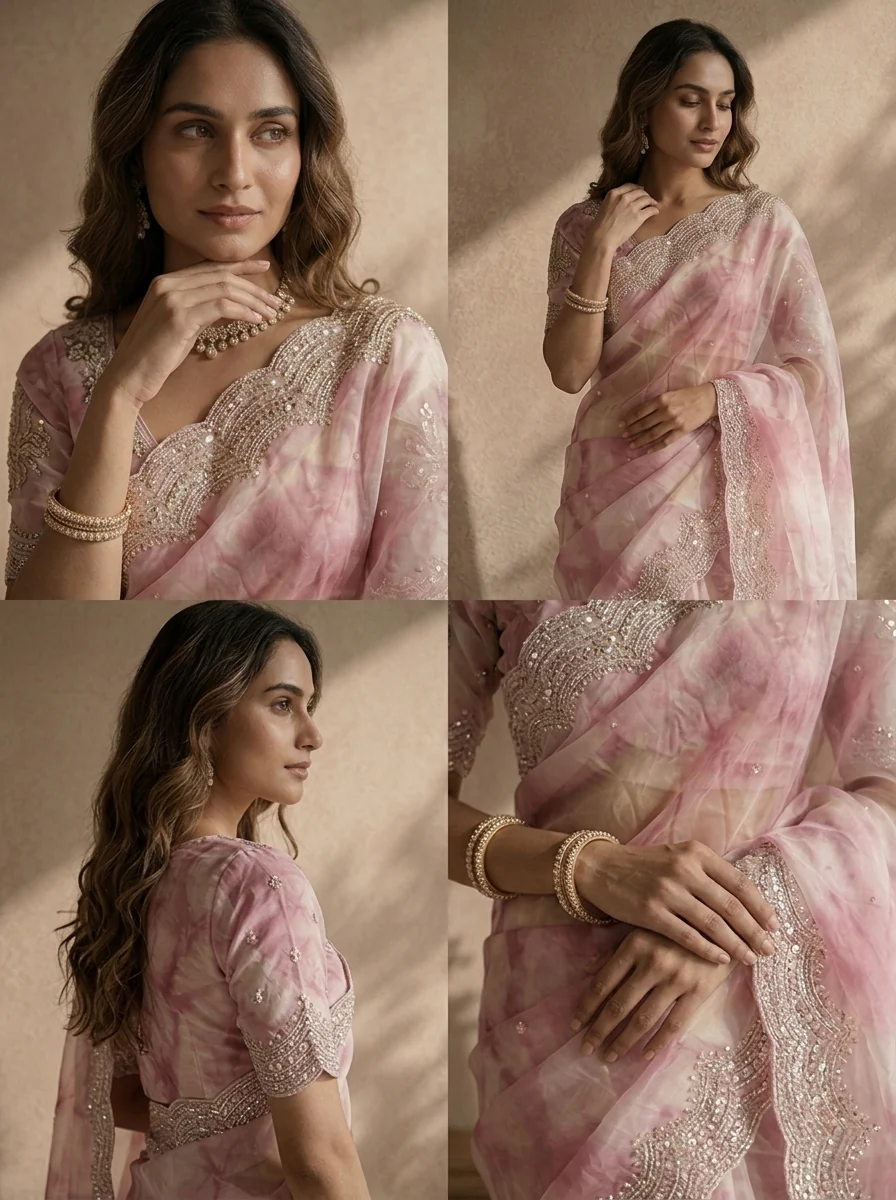 Onion Organza Tie-Dye Saree With Heavy Scallop Stone And Mirror Border - Image 4