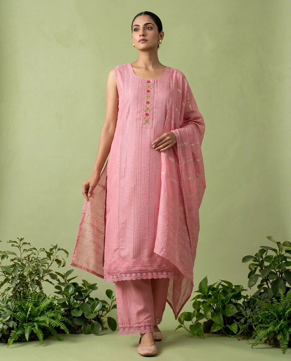 Onion Pink Floral Thread And Patch Embroidered Muslin Three Piece Set - Image 2