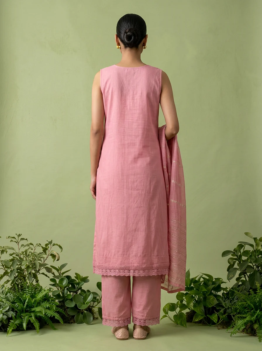 Onion Pink Floral Thread And Patch Embroidered Muslin Three Piece Set - Image 3