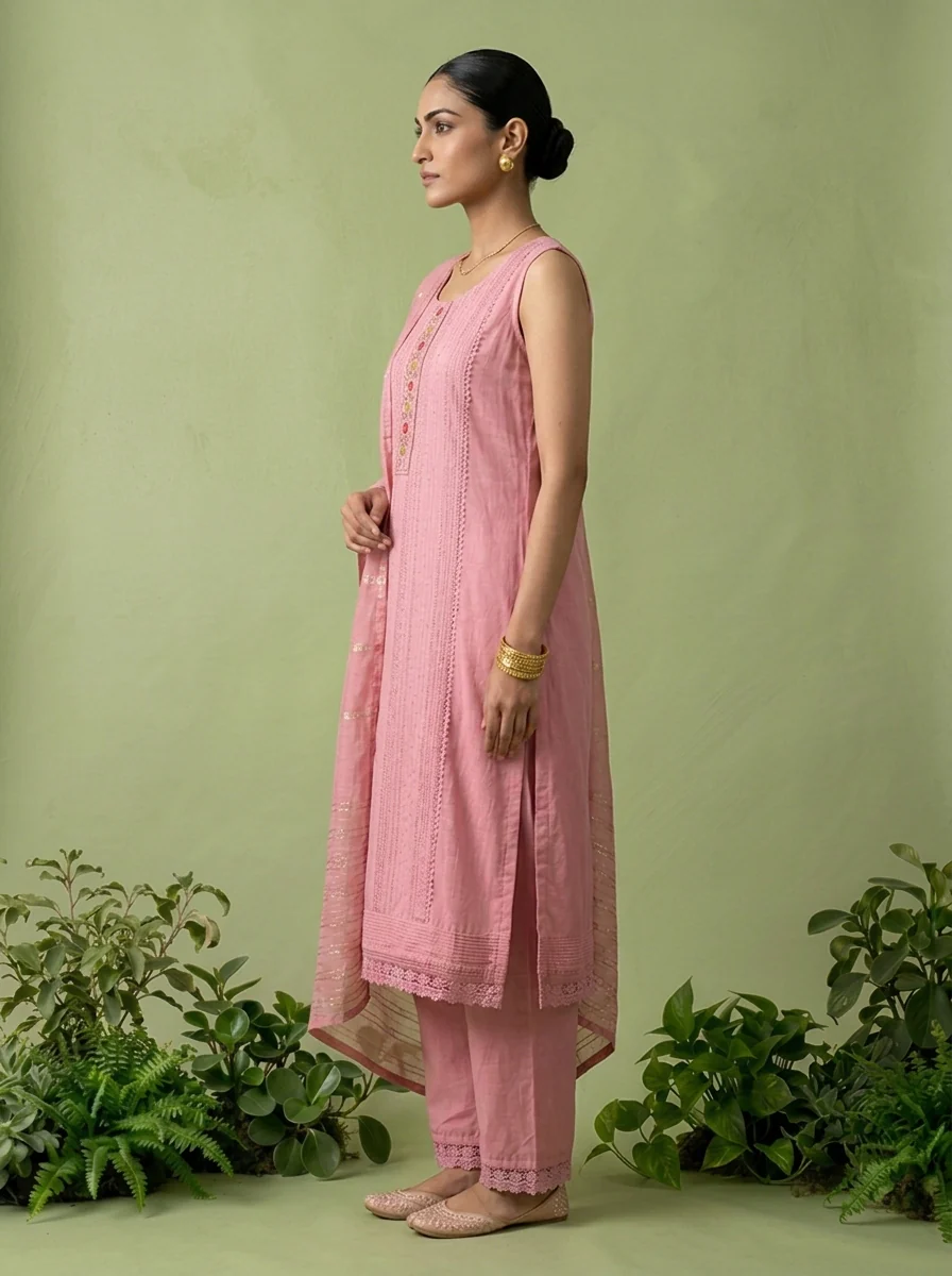 Onion Pink Floral Thread And Patch Embroidered Muslin Three Piece Set - Image 4