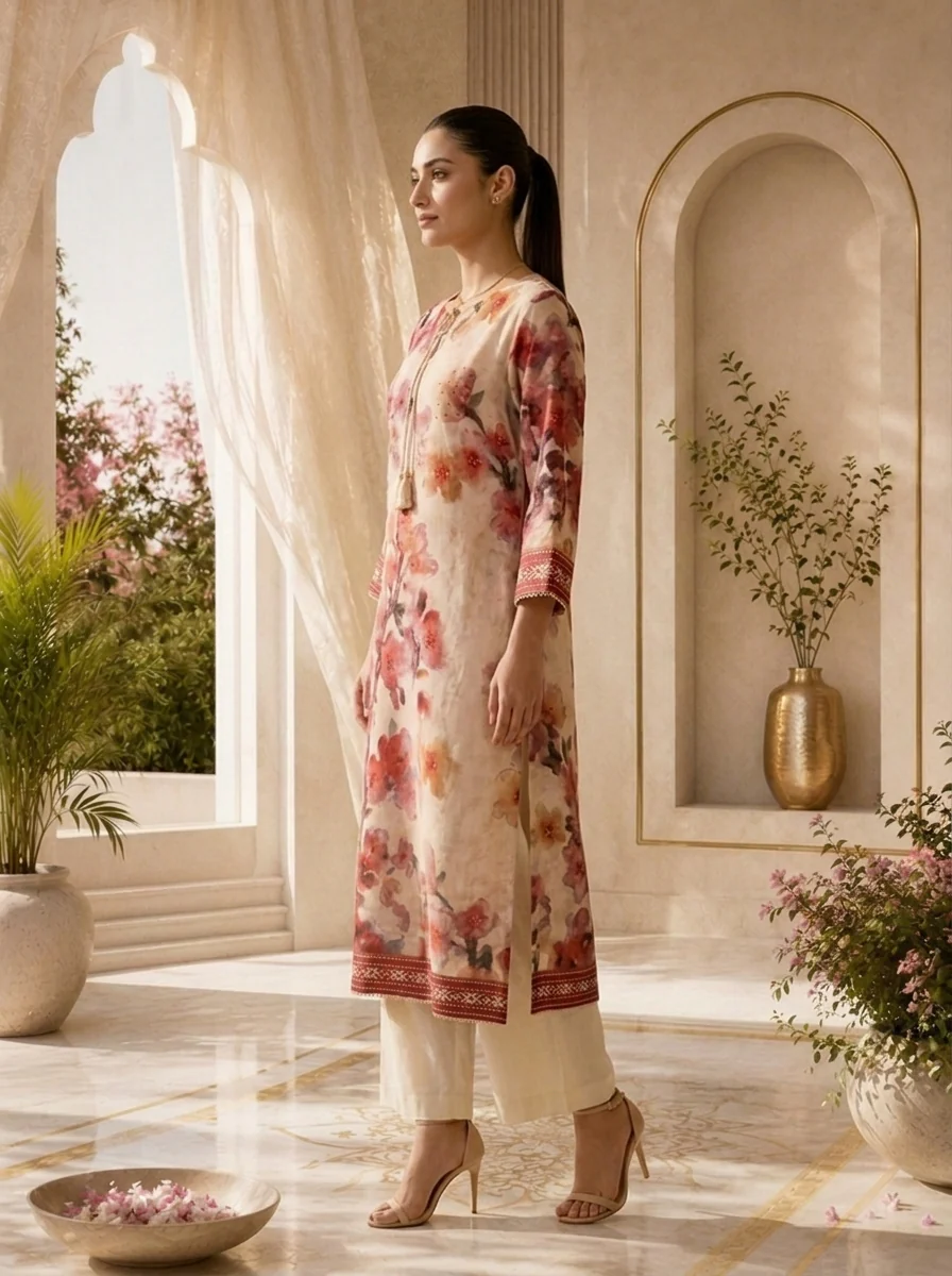 Onion Pink Hand Embroidered Rayon Kurta - Image 4