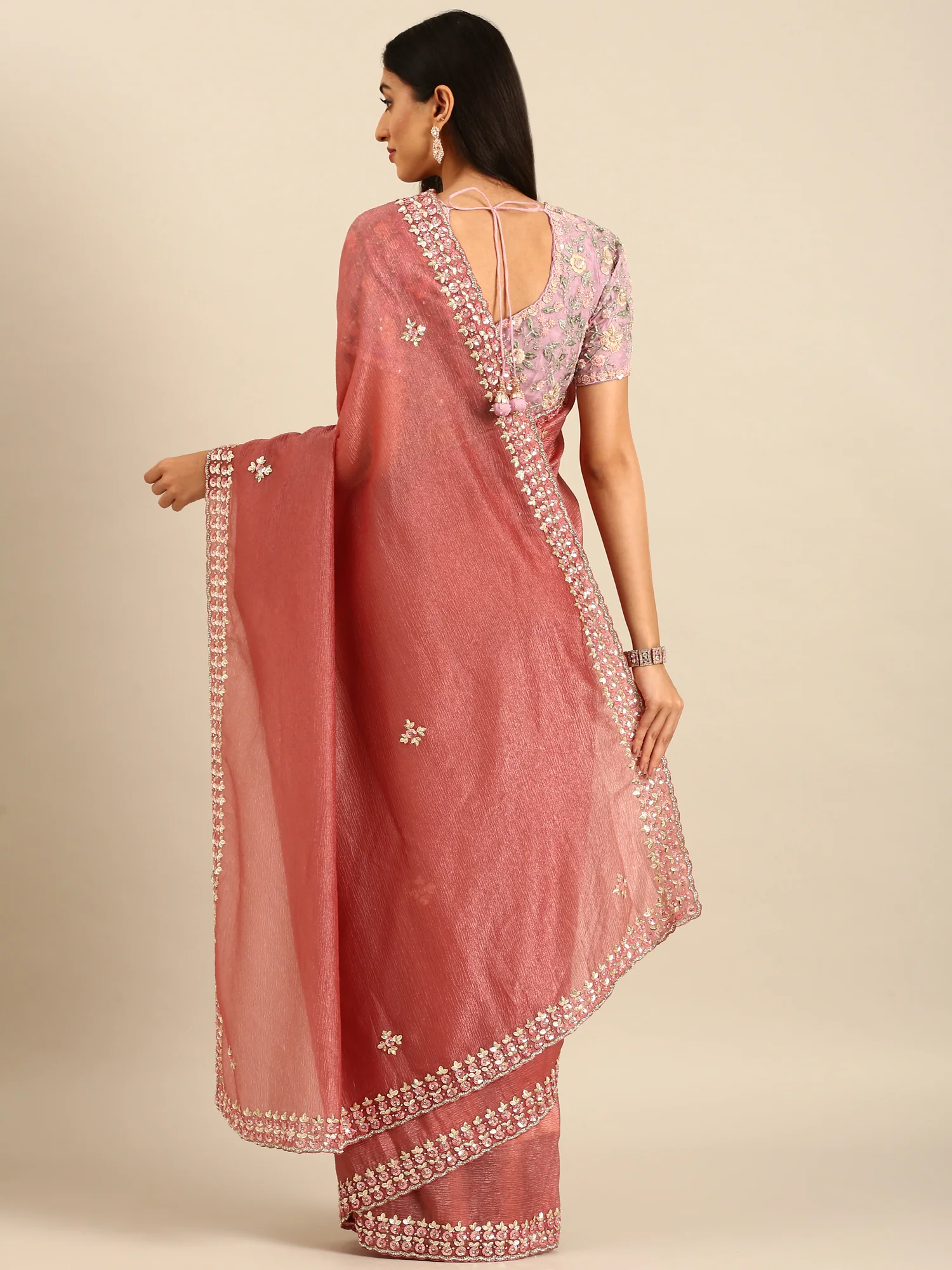 Onion pink Jimmy crushed tissue saree with pearls & sequins embroidery with heavy ready made blouse - Image 2