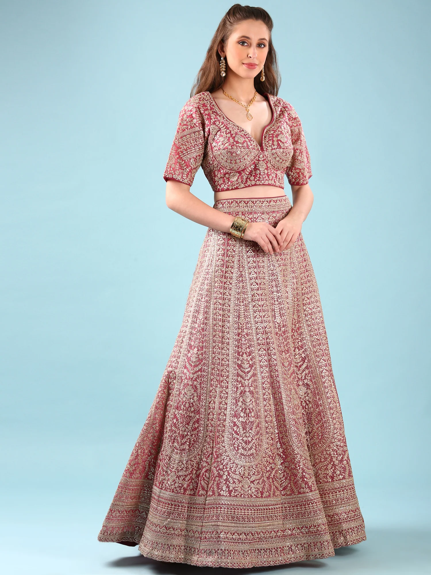 Onion Pink Net Hand Embroidery Ghagra Set - Image 2
