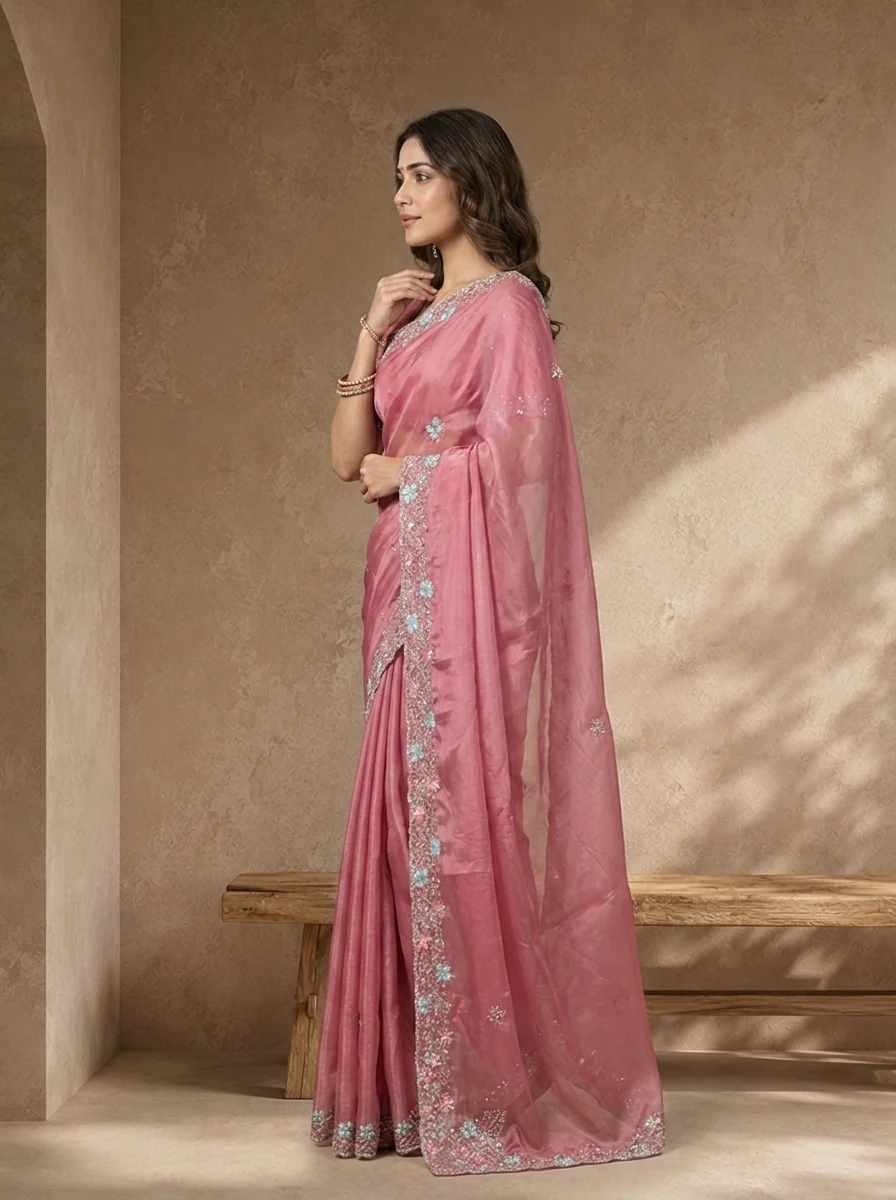 Onion Pink Organza Solid Saree With Floral Zari And Sequin Border - Image 2