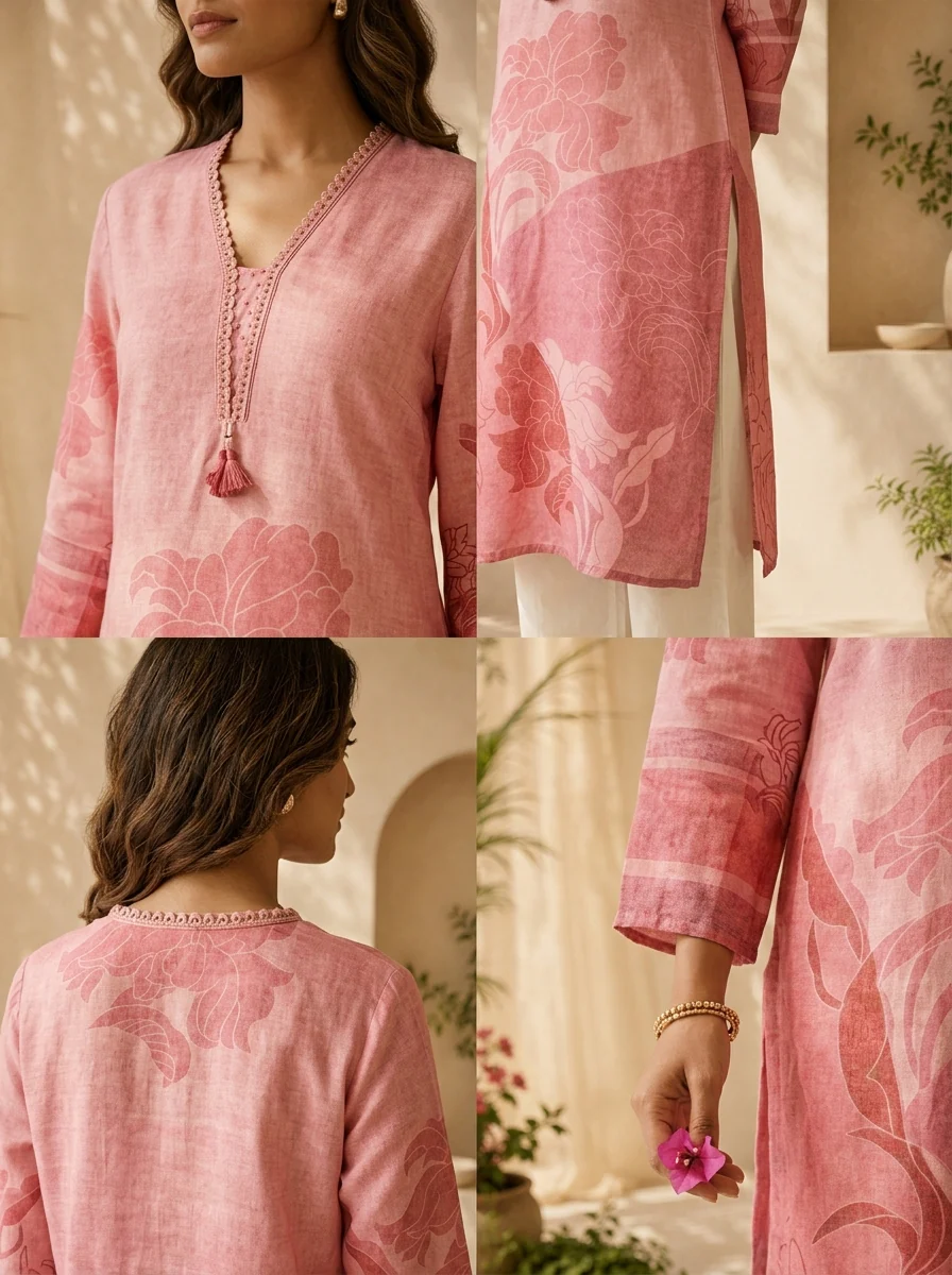 Onion Pink Rayon Floral Printed And Solid Design Straight Kurta - Image 5