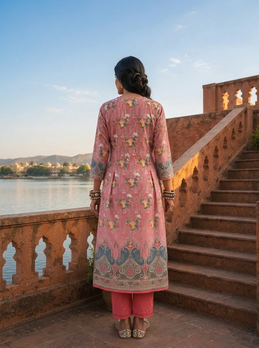 Onion Pink Silk Floral With Paisley Panel Printed Three Piece Set - Image 2