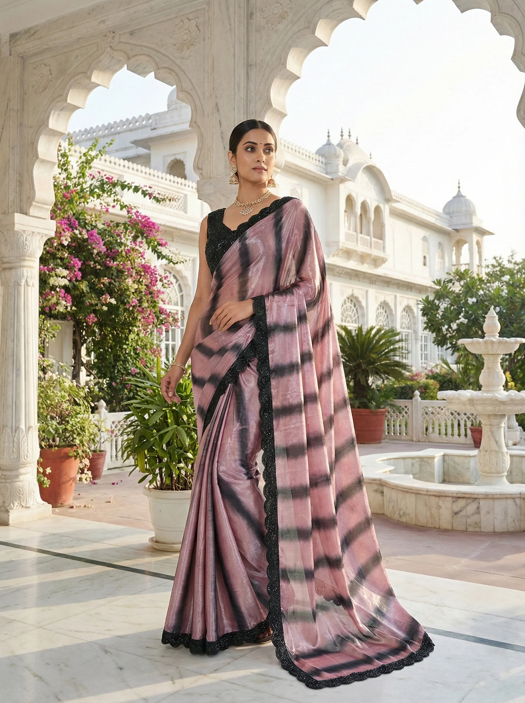 Onion Pink Silk Heavy Beads Work Saree With Readymade Blouse - Image 2