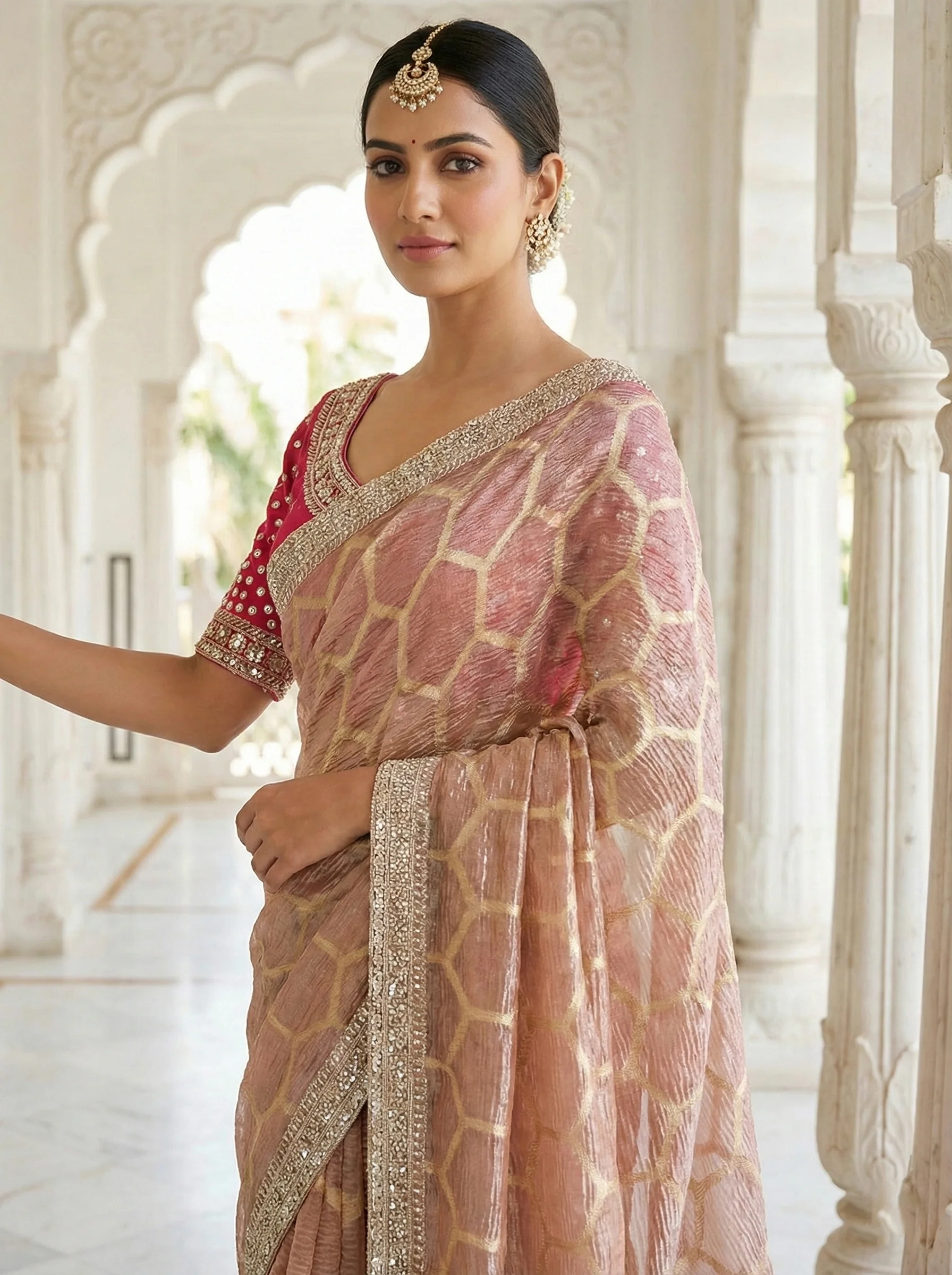 Onion Pink Tissue Digital Print Saree With Readymade Blouse - Image 4