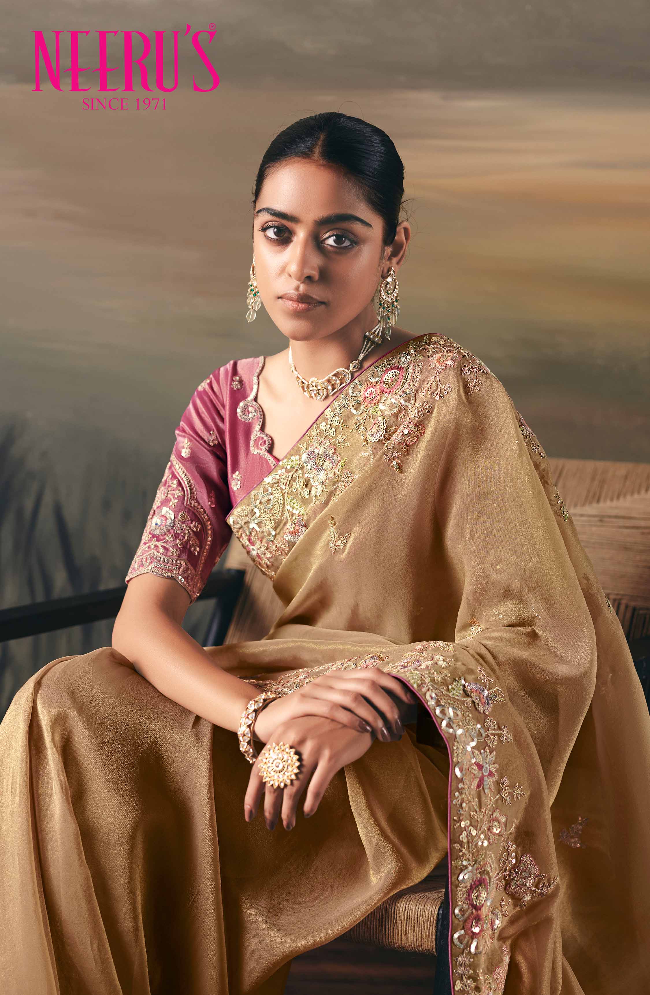 Onion Pink Tissue Fabric Heavy Hand Embroidery Saree - Image 2