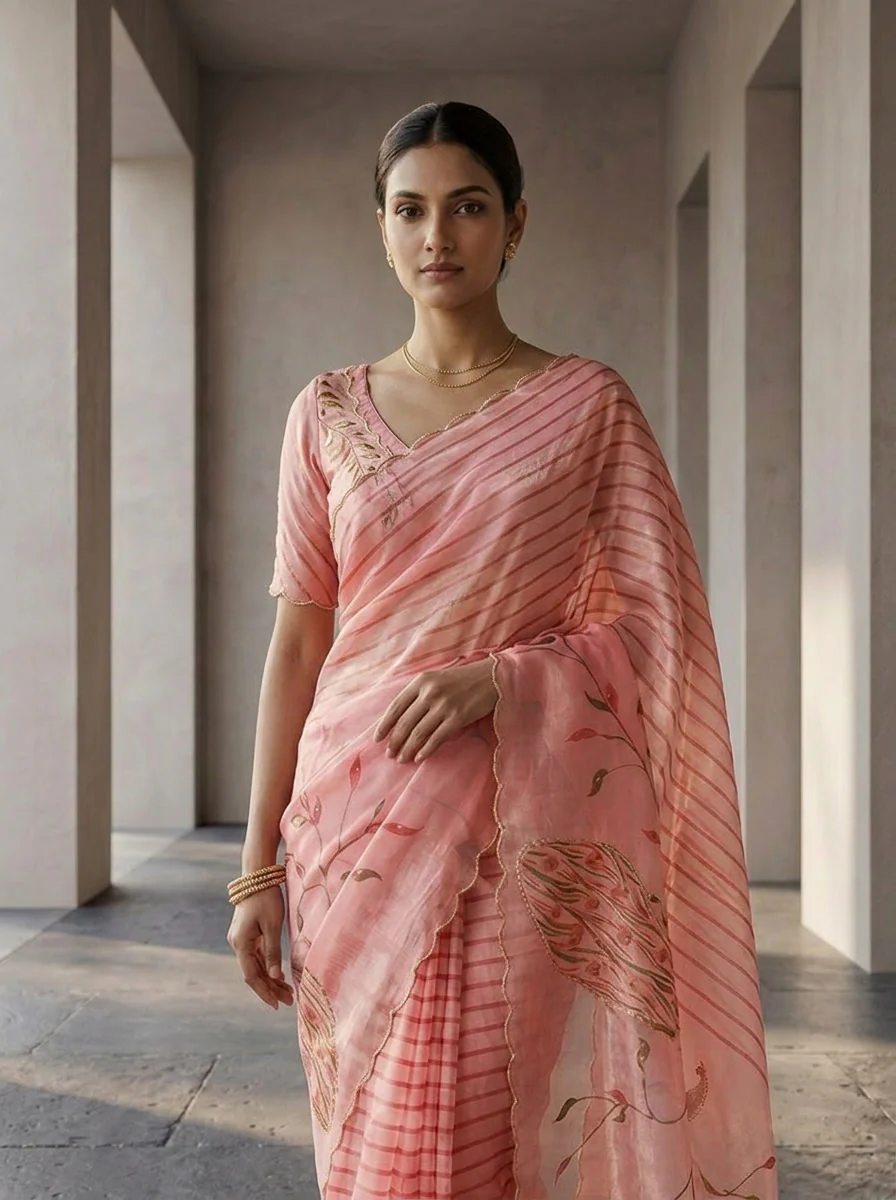 Onion Pink Tissue Floral Printed Saree - Image 3