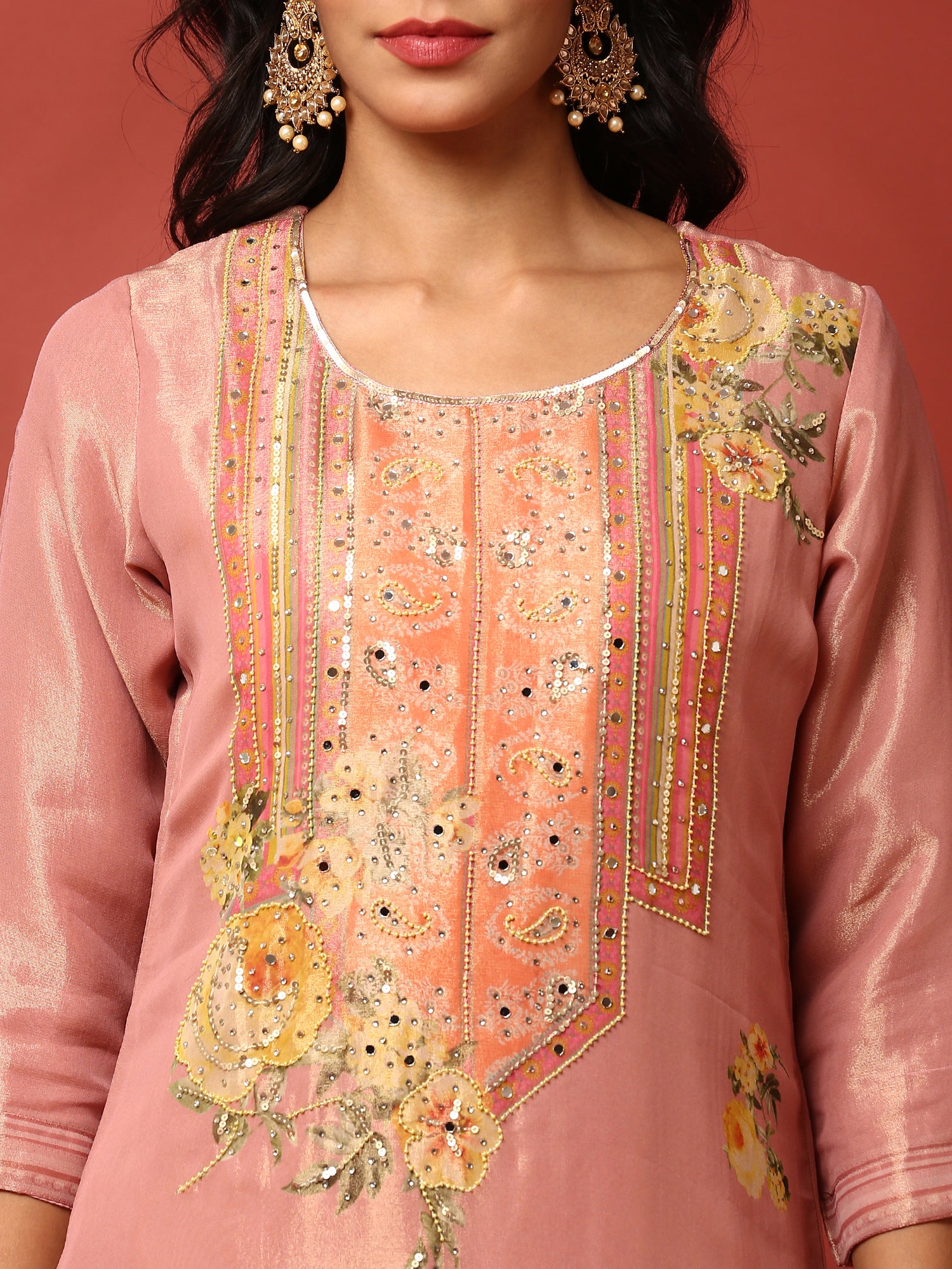 Onion pink tissue hand embroidered three piece suit set - Image 5