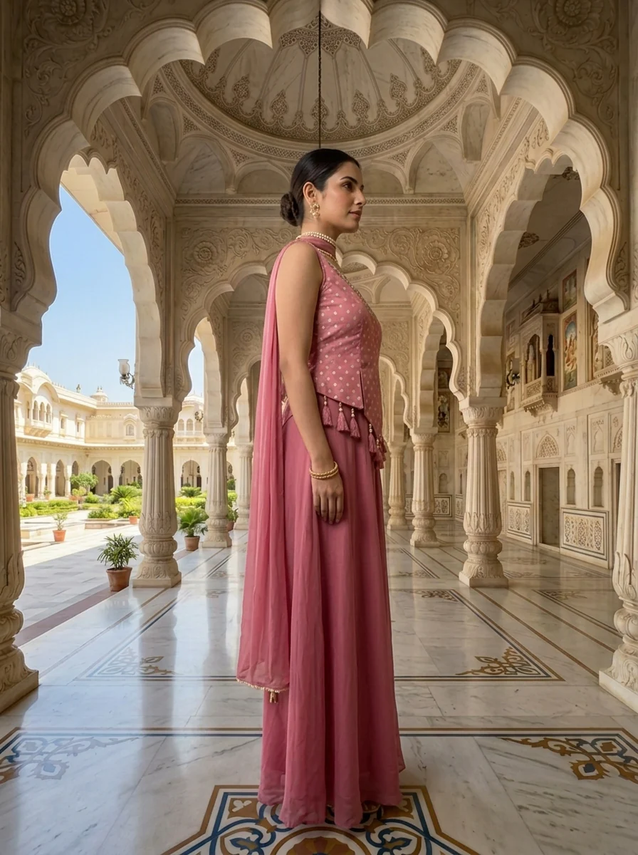 Onion Pink Tissue Thread And Beads Embroidery Kurti And Palazzo Set - Image 2