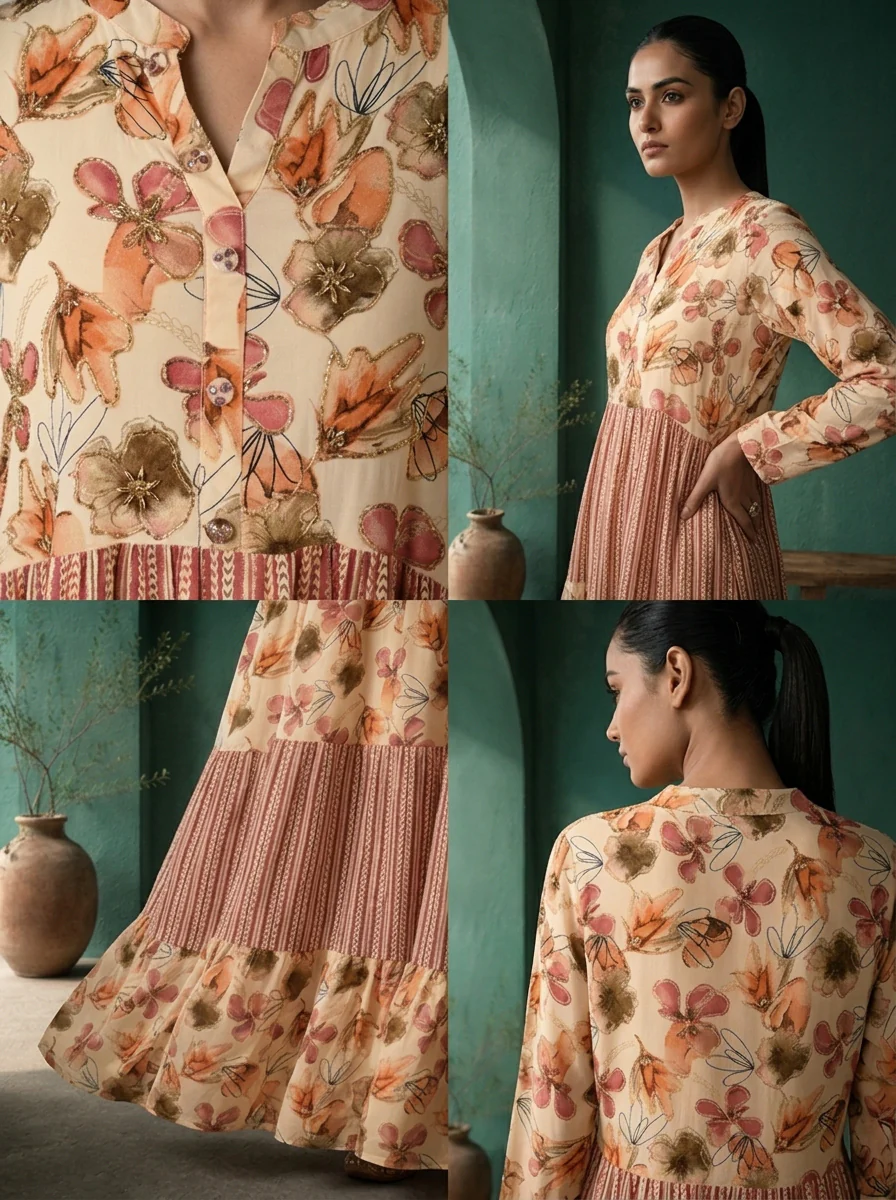 Onion Rayon Floral And Stripe Panel Printed Dress - Image 5