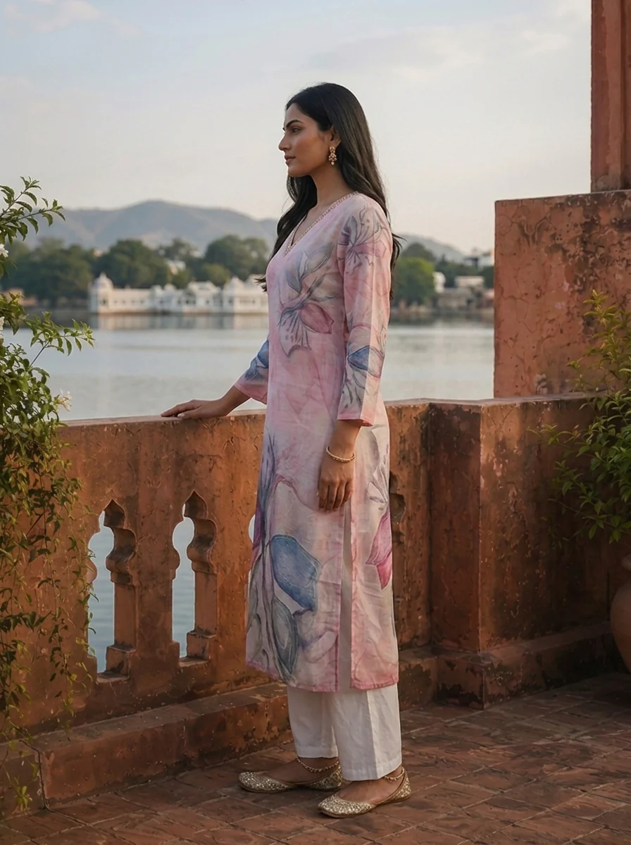 Onion Rayon Orchid Placement Printed Kurta - Image 3