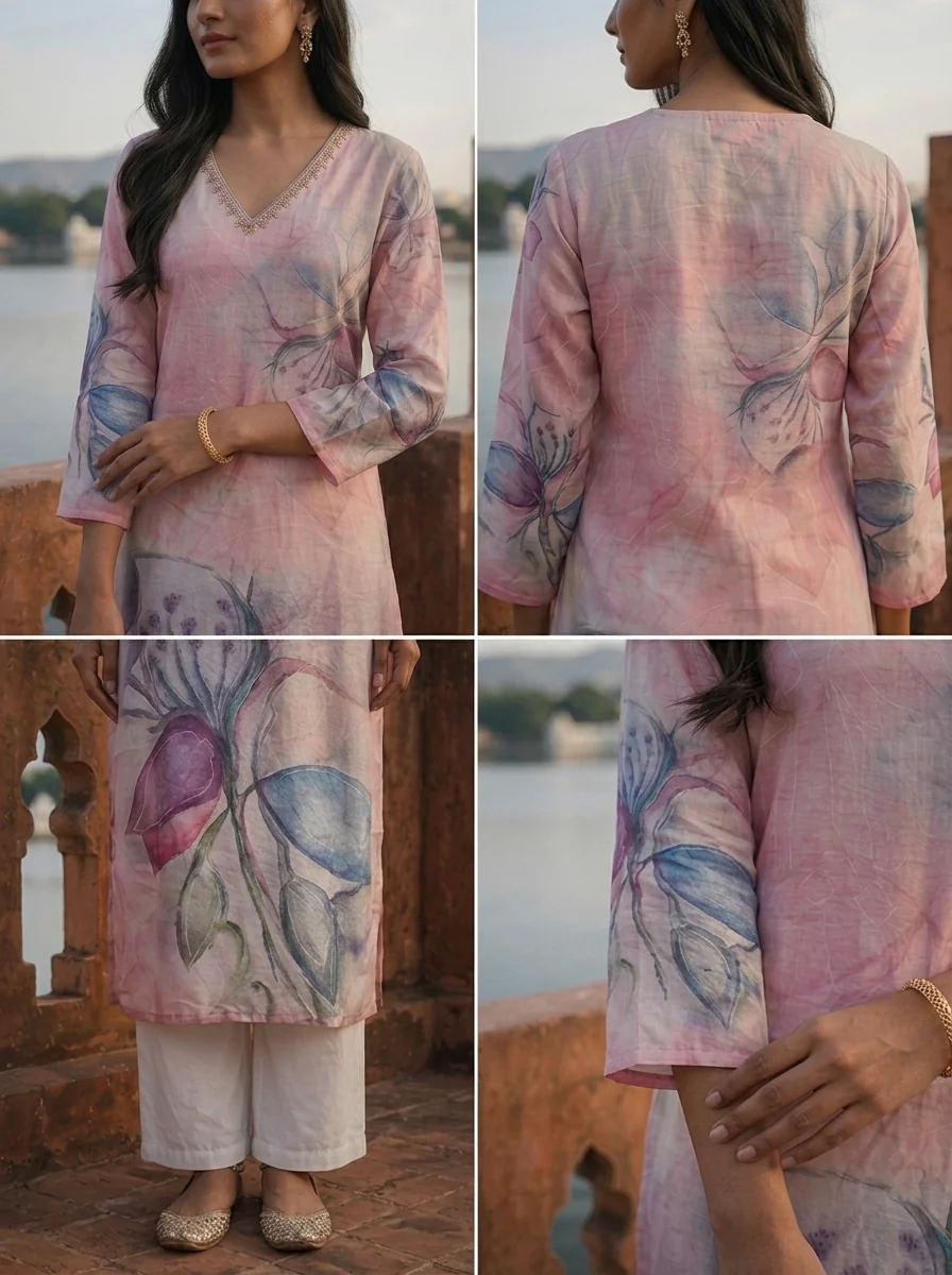 Onion Rayon Orchid Placement Printed Kurta - Image 5