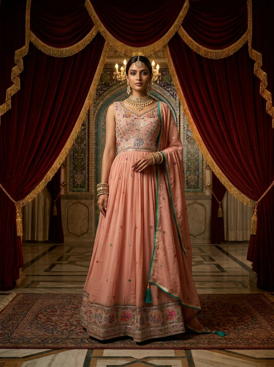 Onion Silk Floral Embroidery Anarkali With Dupatta