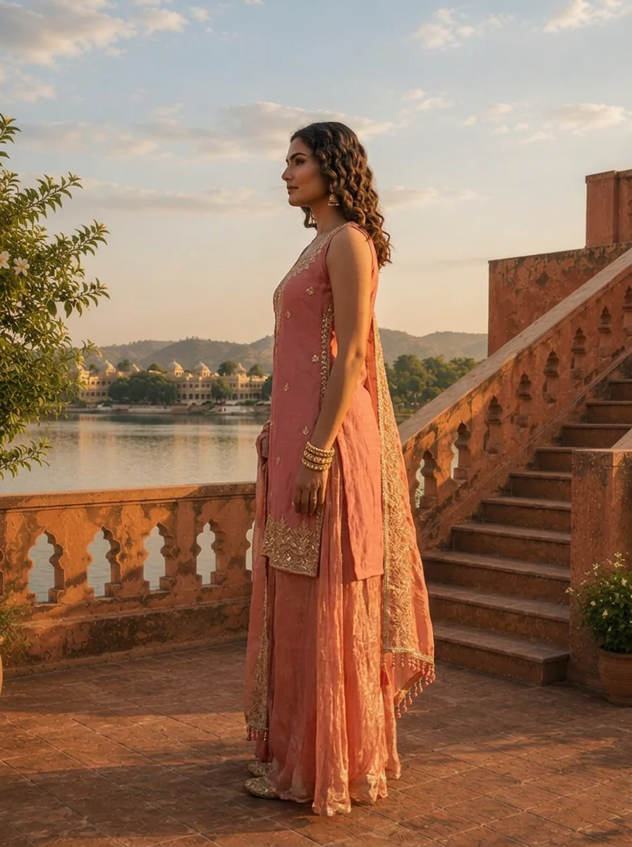 Onion Silk Floral Jaal Embroidered Three Piece Set - Image 4