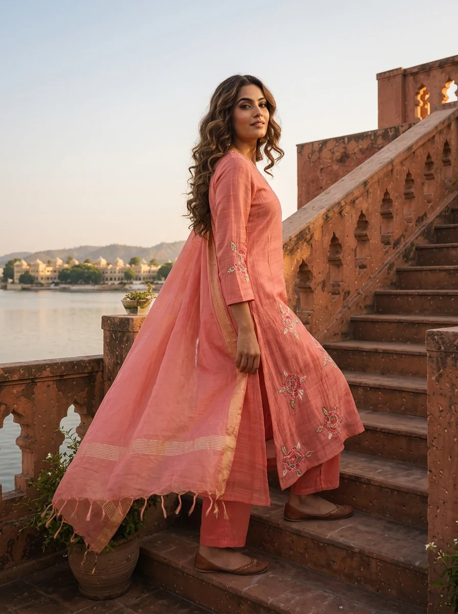 Onion Silk Floral Motif Embroidered Three Piece Set - Image 2