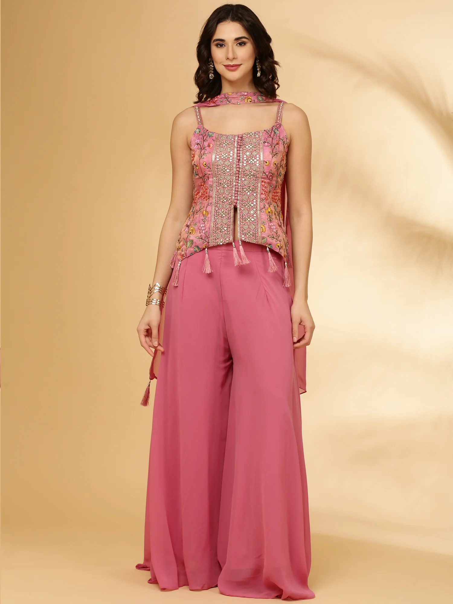 Onion Tissue Embroidery Crop Top Palazzo Set - Image 2