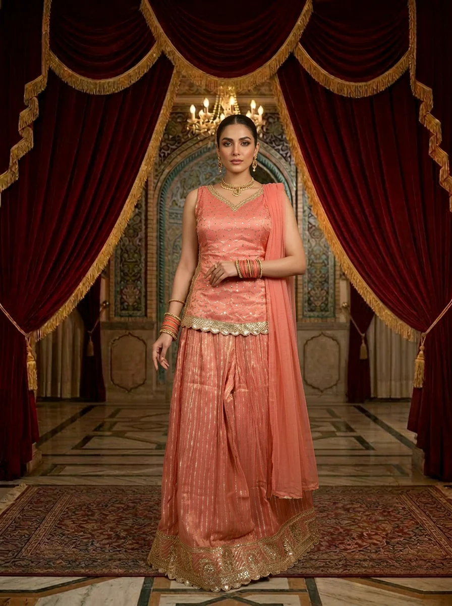Onion Tissue Sequins Embroidery Ghagra Set