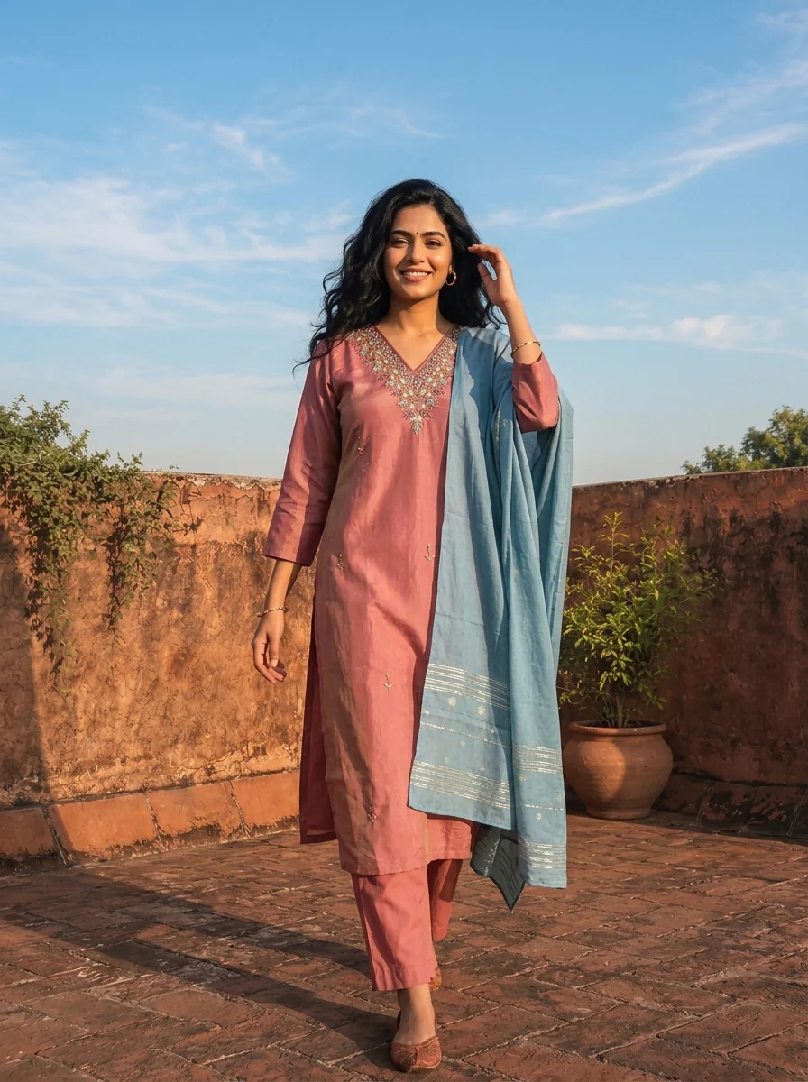 Onion Tissue Stone And Thread Embroidered Three Piece Set
