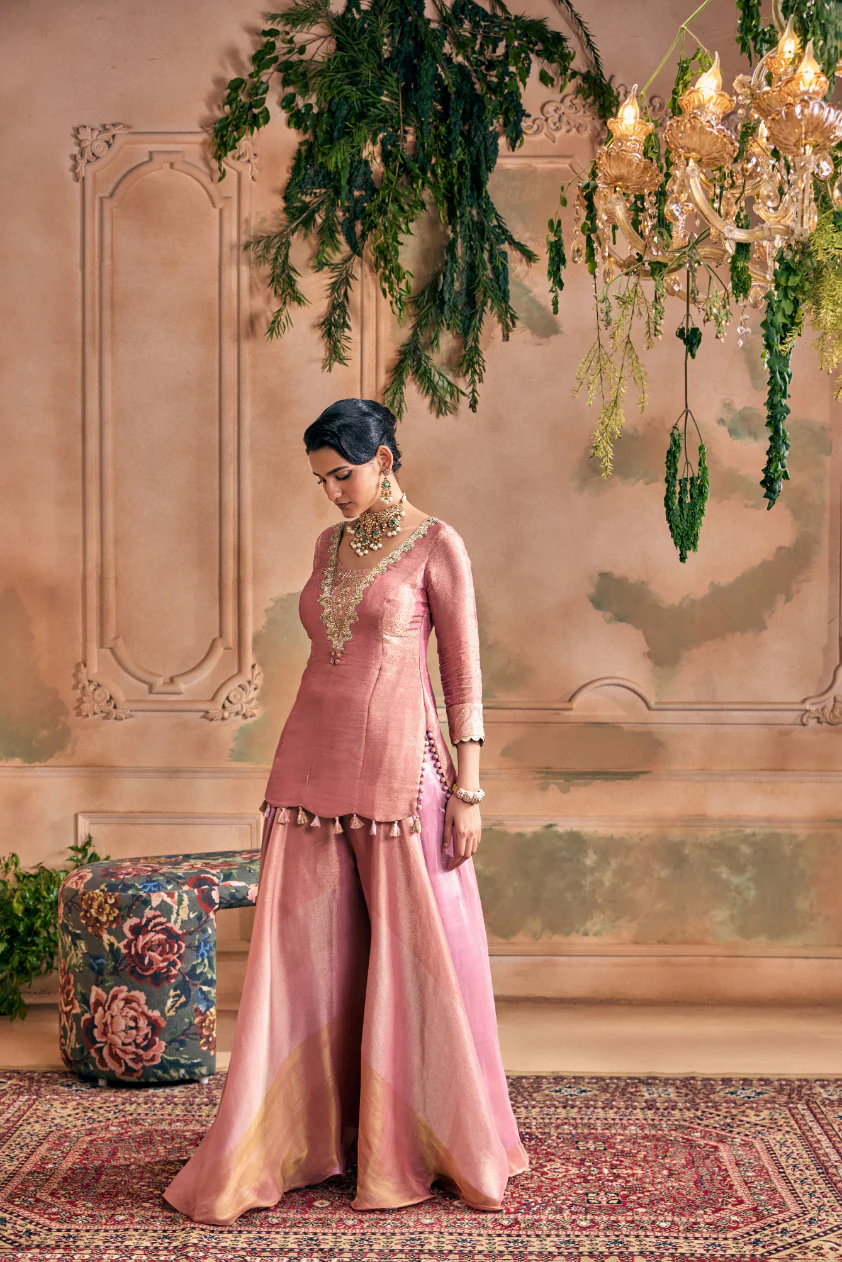 Onion Tissue Zari Embroidered Palazzo Set With Dupatta - Image 3