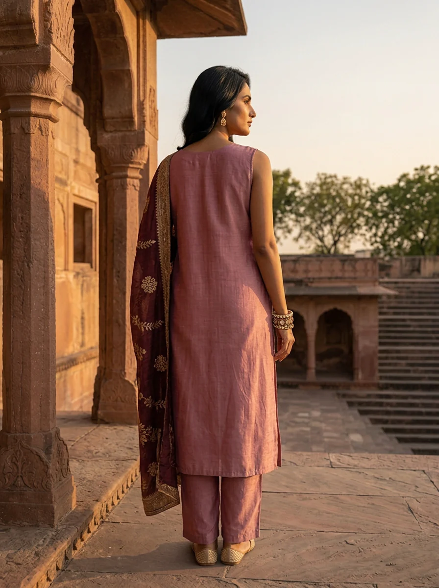 Onion Vichitra Silk Embroidery Three Piece Set With Floral Weaved Dupatta - Image 2