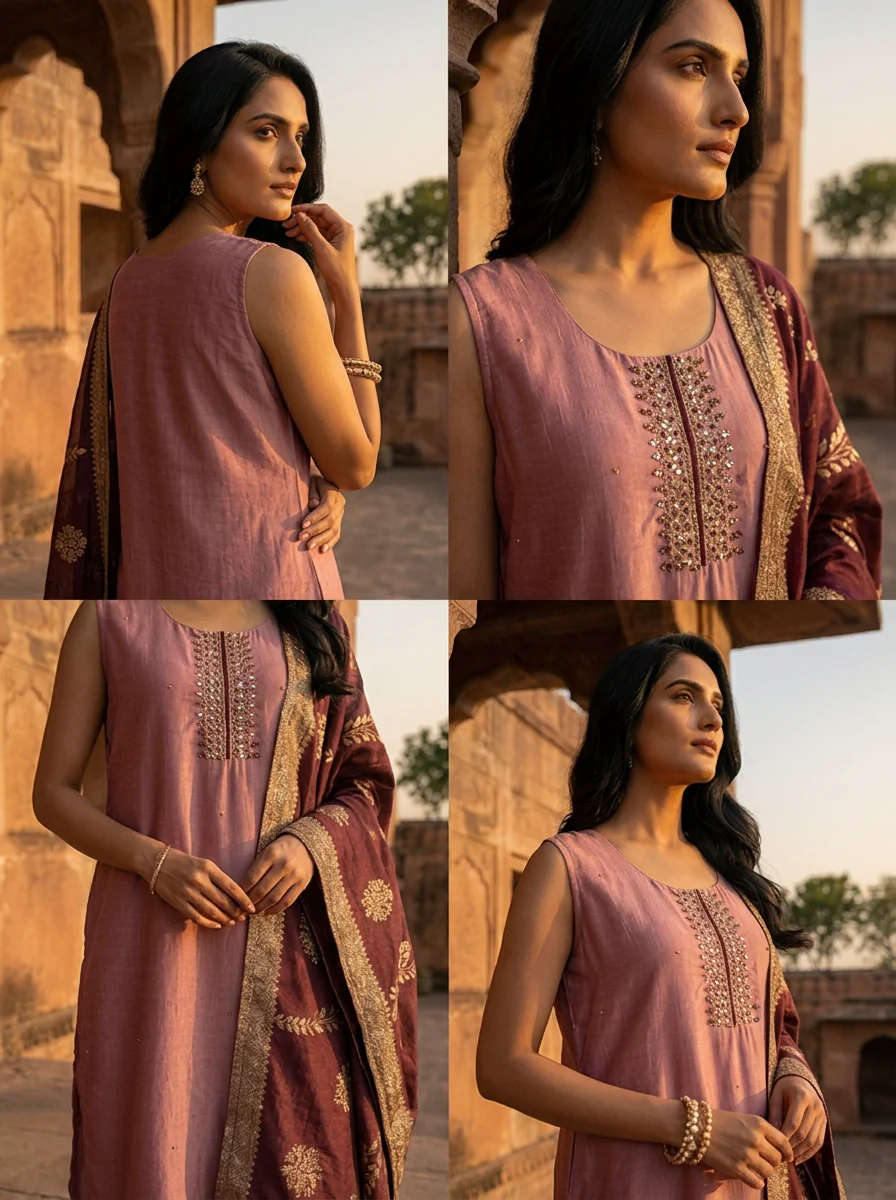 Onion Vichitra Silk Embroidery Three Piece Set With Floral Weaved Dupatta - Image 5