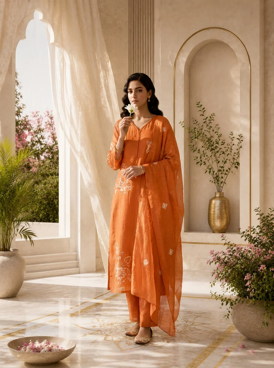 Orange Beads And Thread Embroidery Chanderi Three Piece Set - Image 2