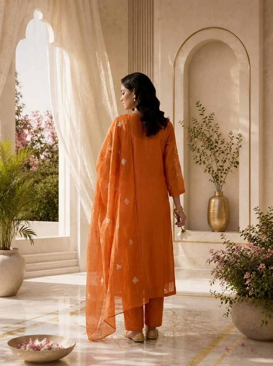 Orange Beads And Thread Embroidery Chanderi Three Piece Set - Image 3