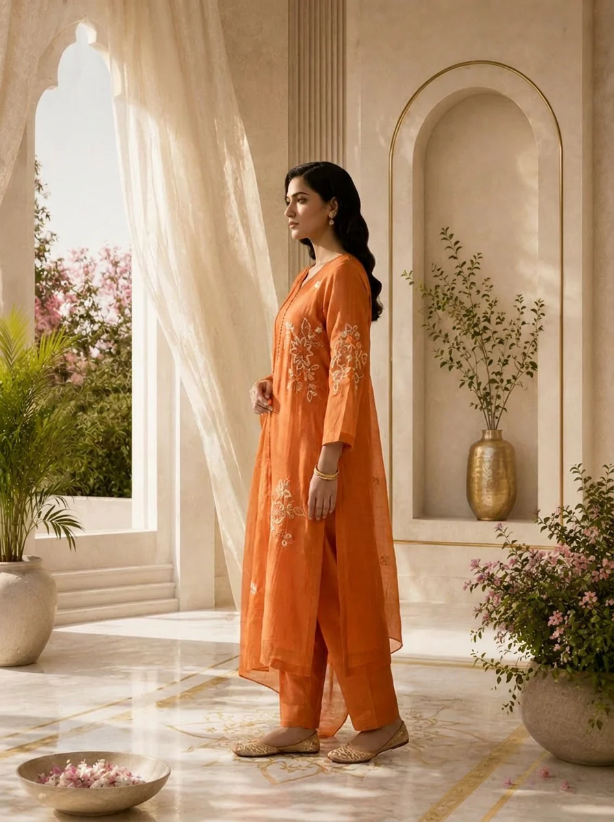 Orange Beads And Thread Embroidery Chanderi Three Piece Set - Image 4