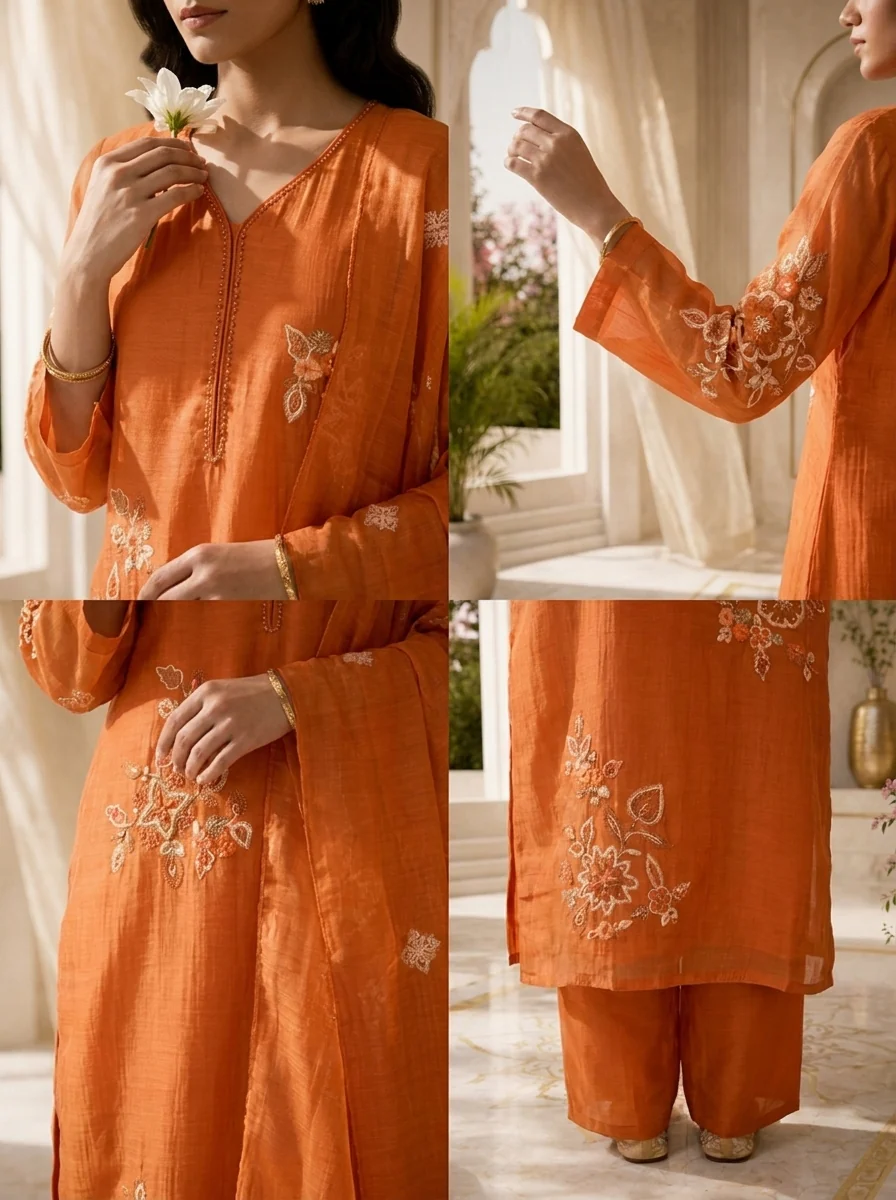 Orange Beads And Thread Embroidery Chanderi Three Piece Set - Image 5