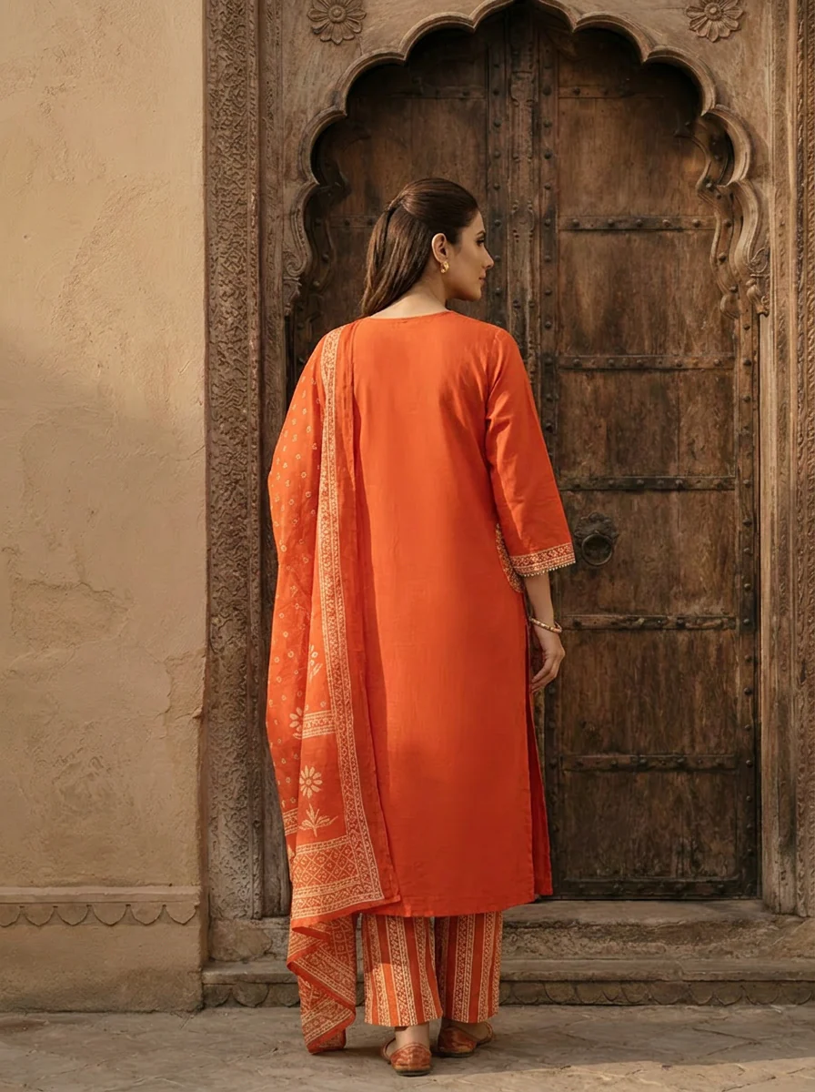 Orange Cotton Patch Embroidery Three Piece Set - Image 3
