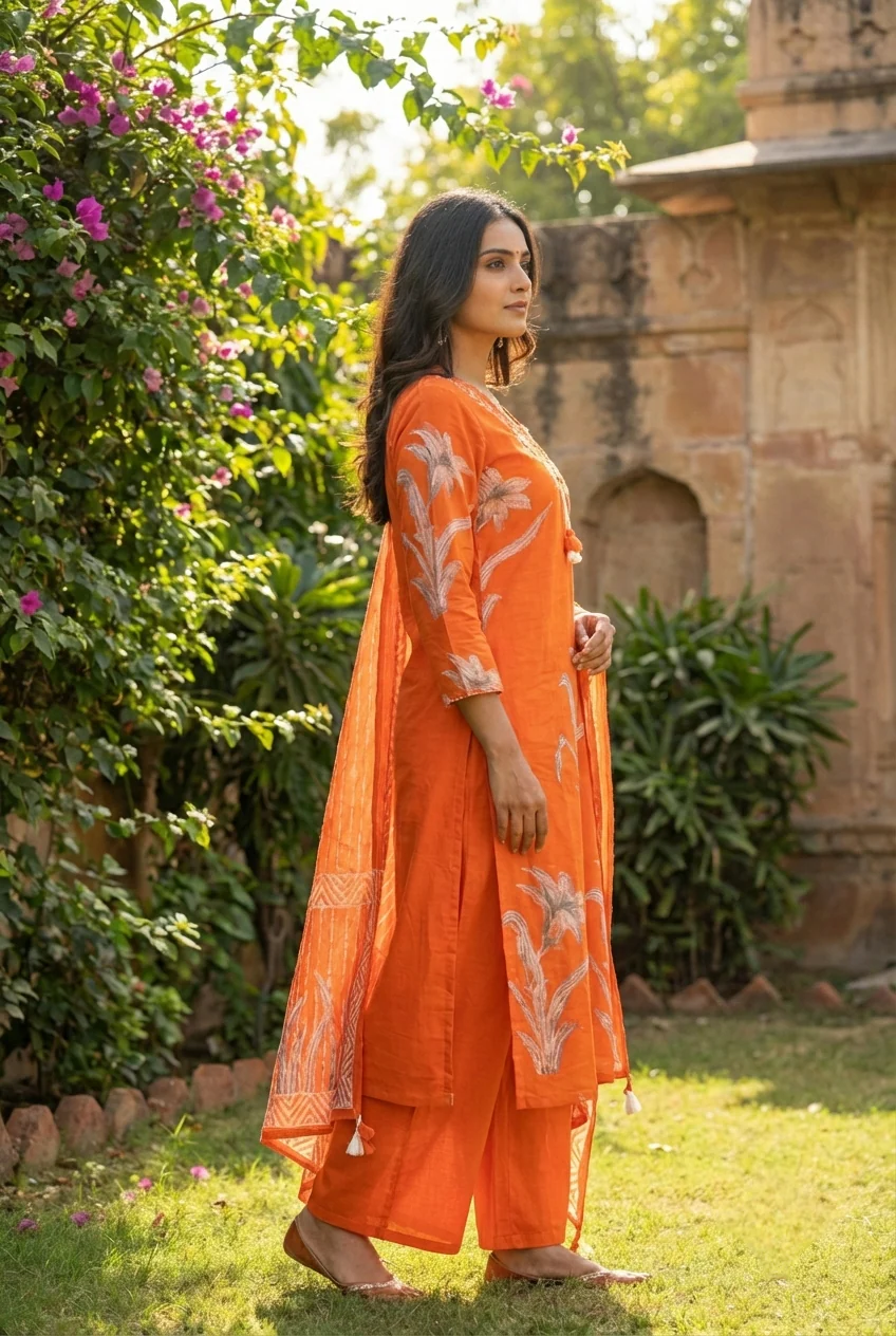 Orange Cotton Printed Three Piece Set - Image 2
