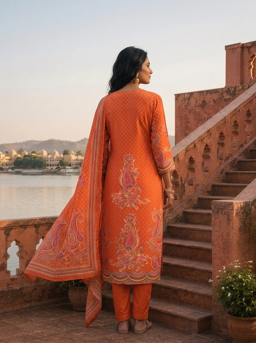 Orange Crepe Paisley Buta With Geometric Dots Printed Three Piece Set - Image 2