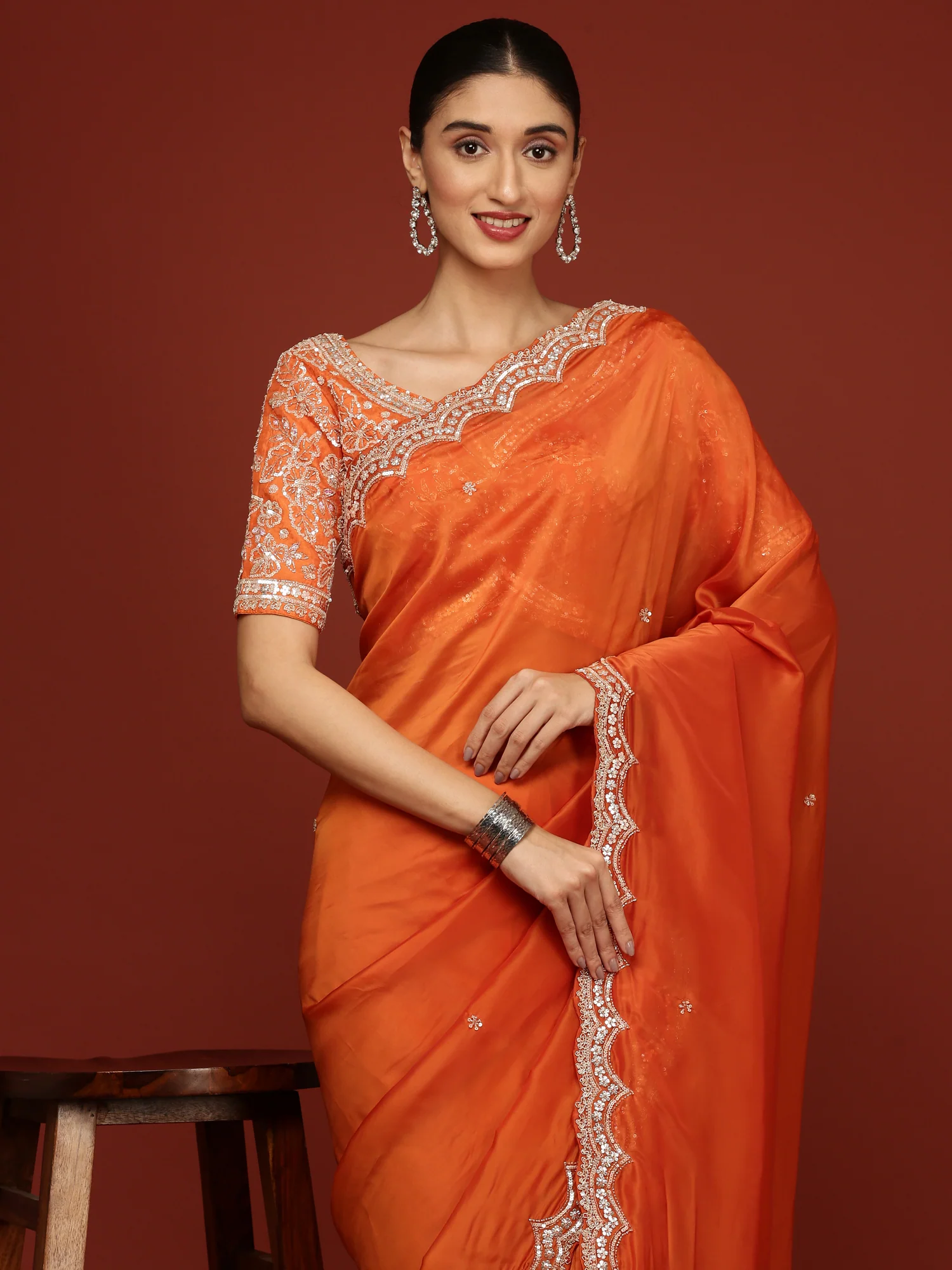 Orange Crepe Saree With Heavy Work Readymade Blouse - Image 4