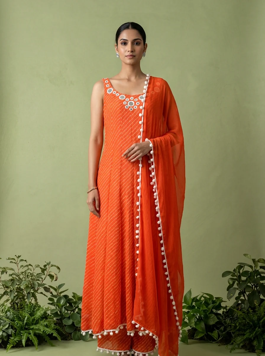 Orange Georgette Leheriya Printed Three Piece Set - Image 2