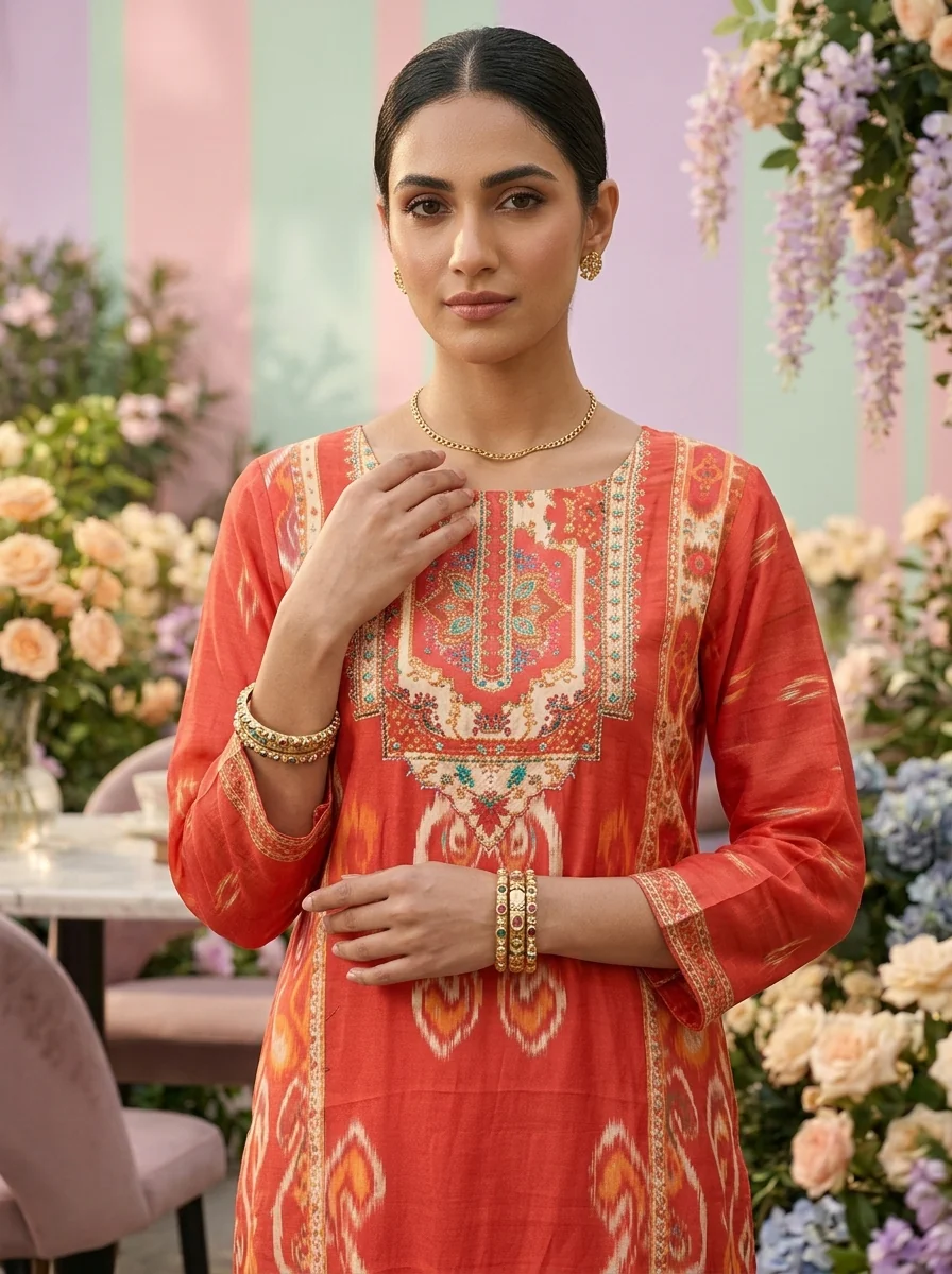Orange Muslin Printed And Sequins Embroidery Three Piece Set - Image 5