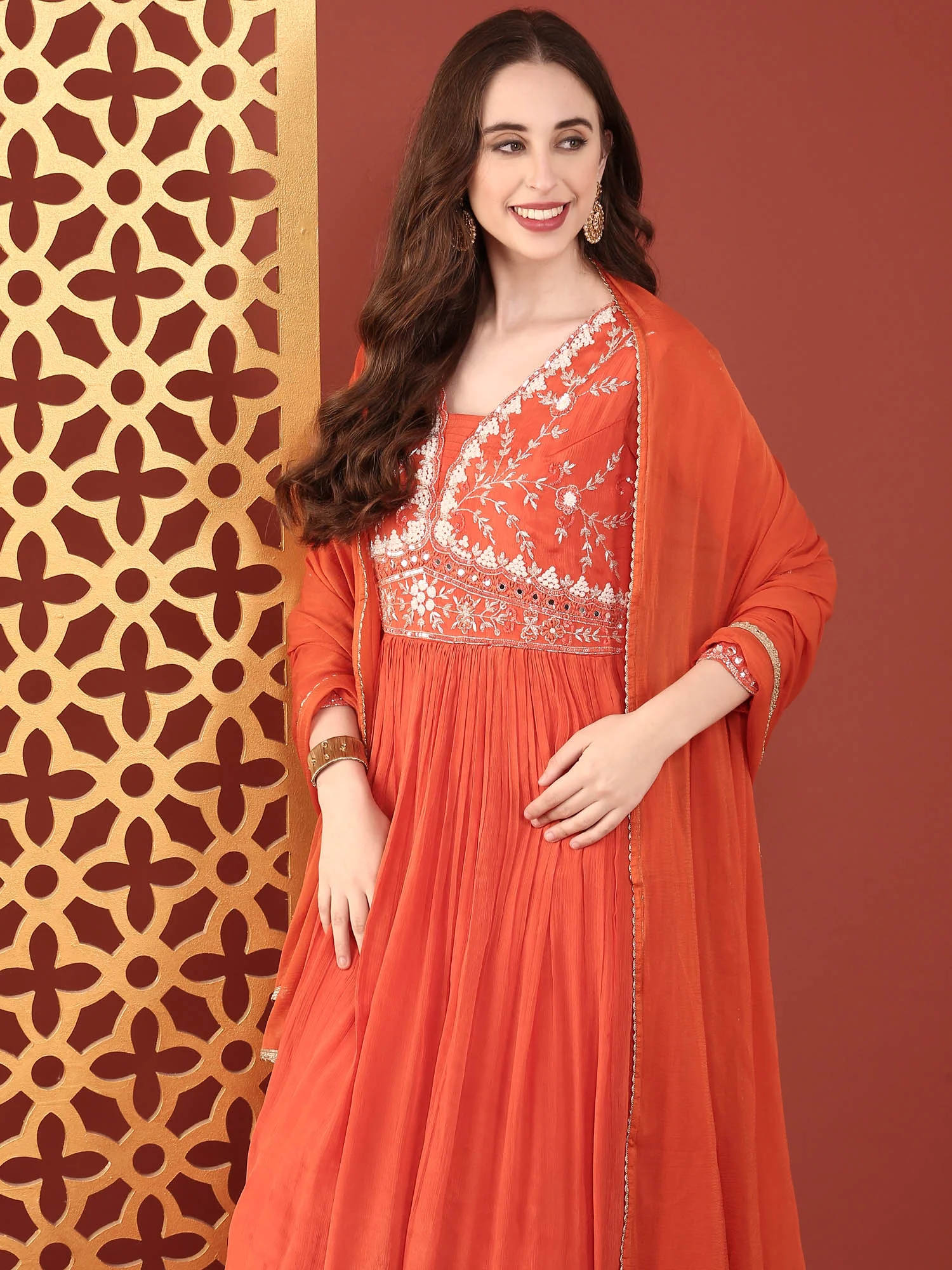Orange Organza Floral Hand Embroidered Anarkali Set - Image 5