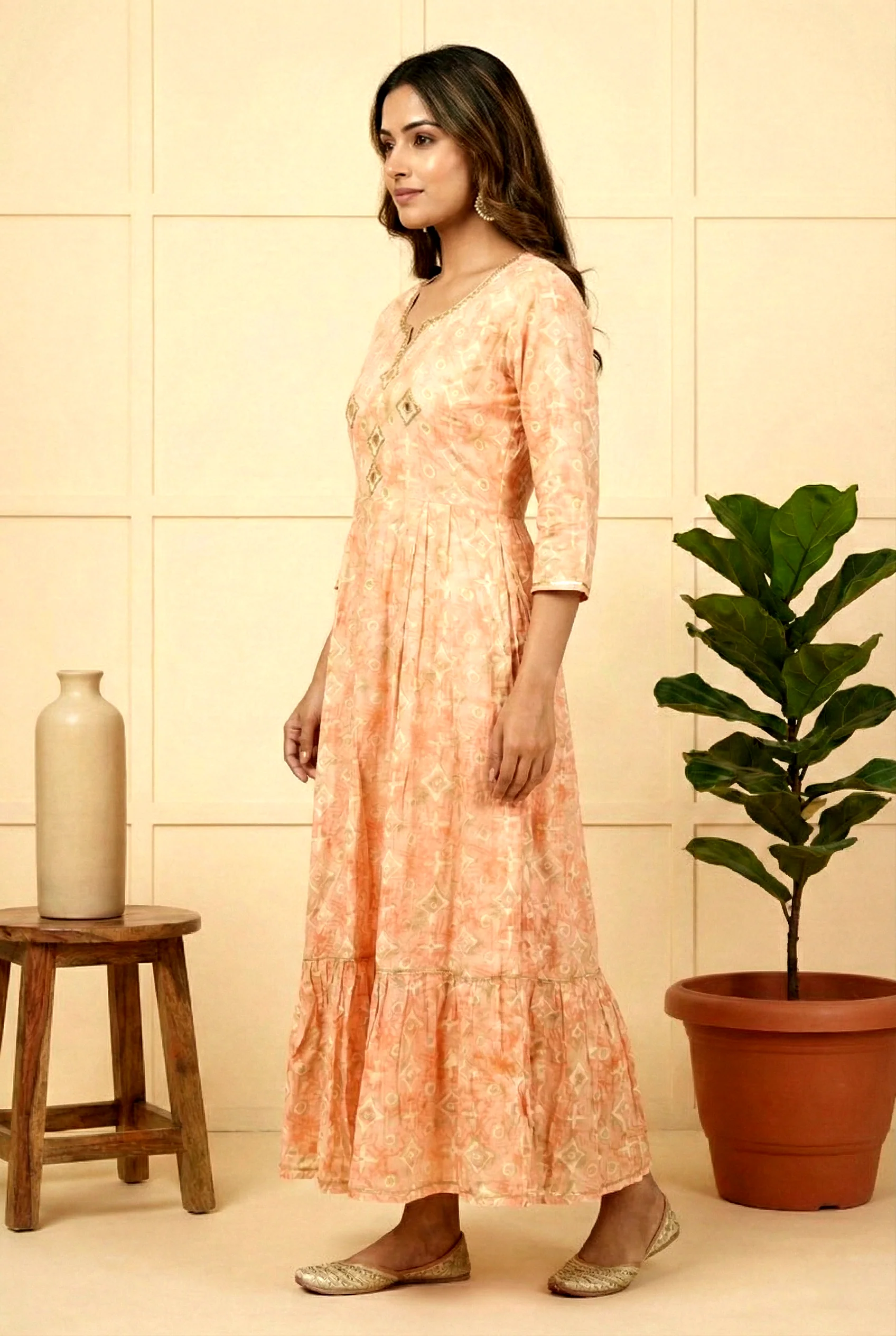 Orange Rayon Printed And Mirror Embroidery Dress - Image 2