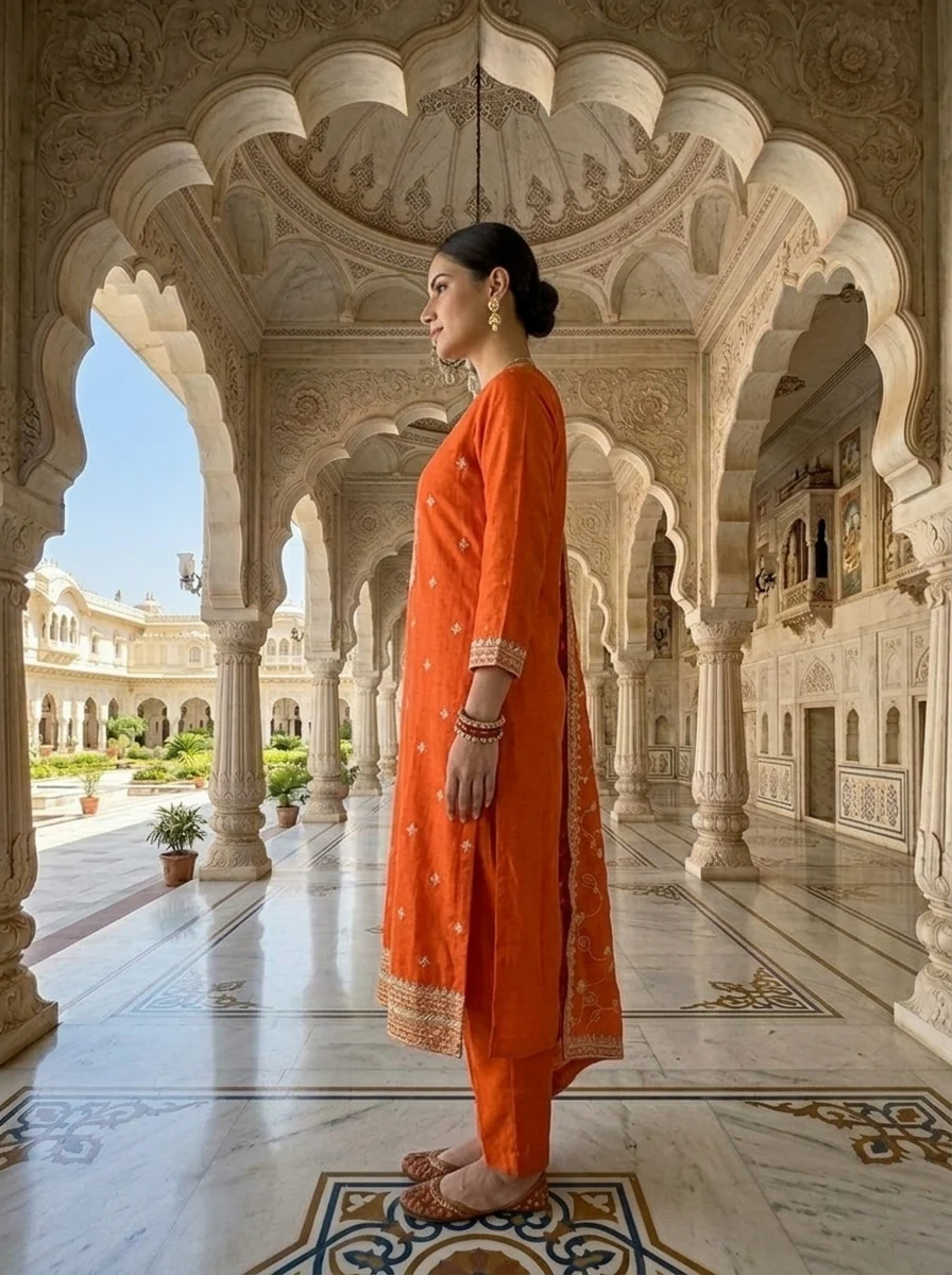 Orange Silk Zari Embroidery Three Piece Set - Image 2
