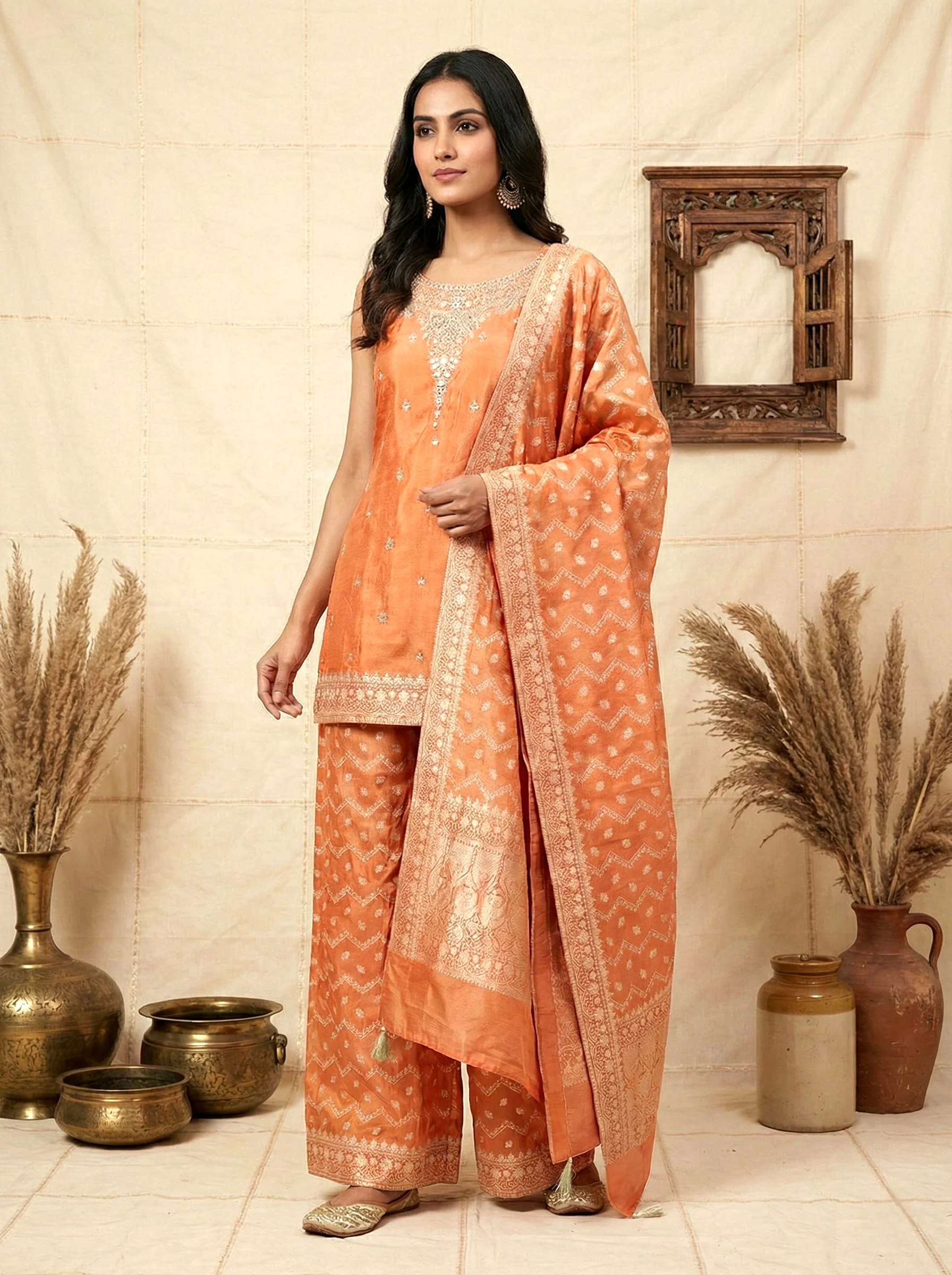 Orange Tissue Zari Embroidery Kurti And Palazzo With Dupatta