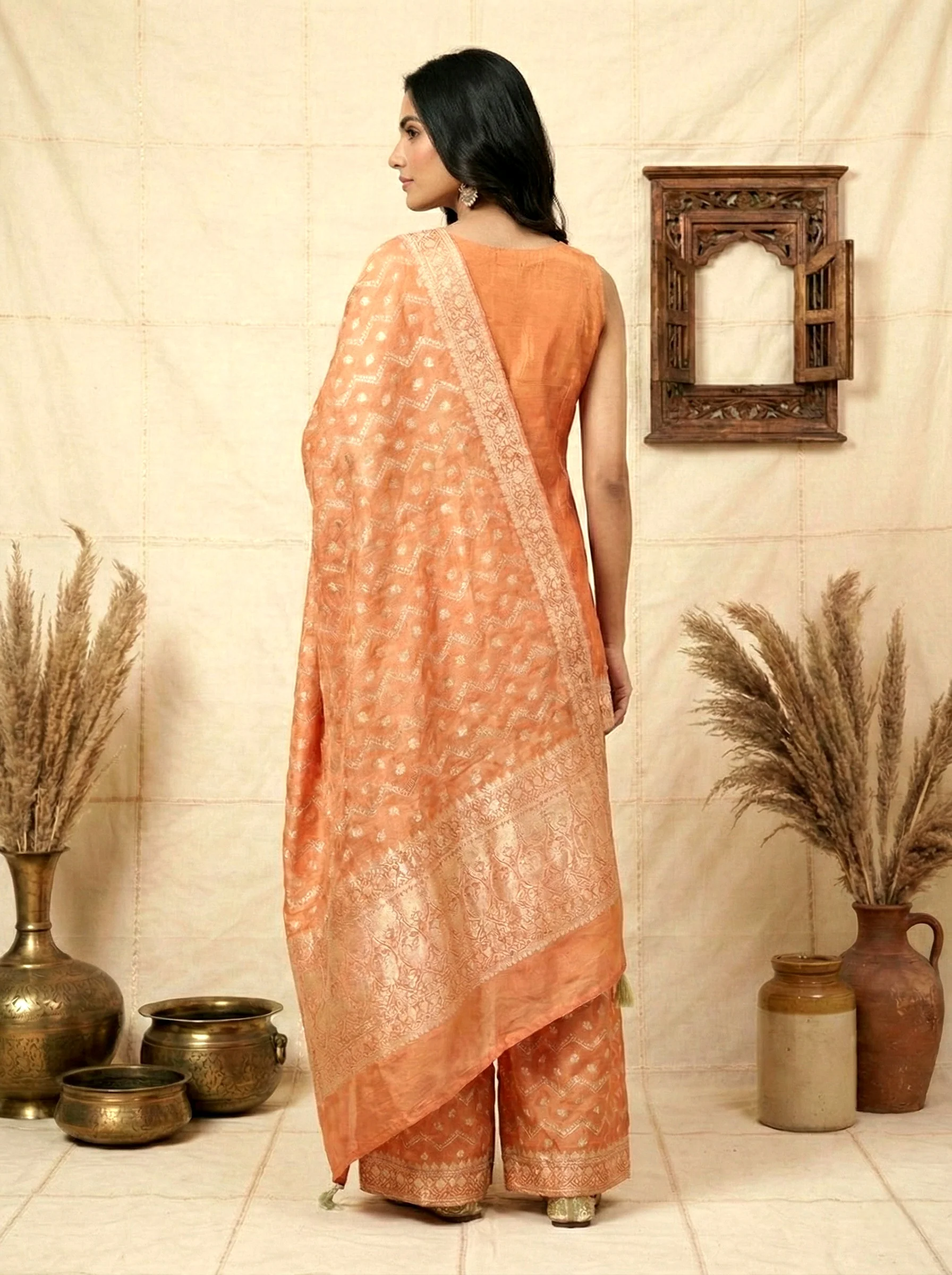 Orange Tissue Zari Embroidery Kurti And Palazzo With Dupatta - Image 3